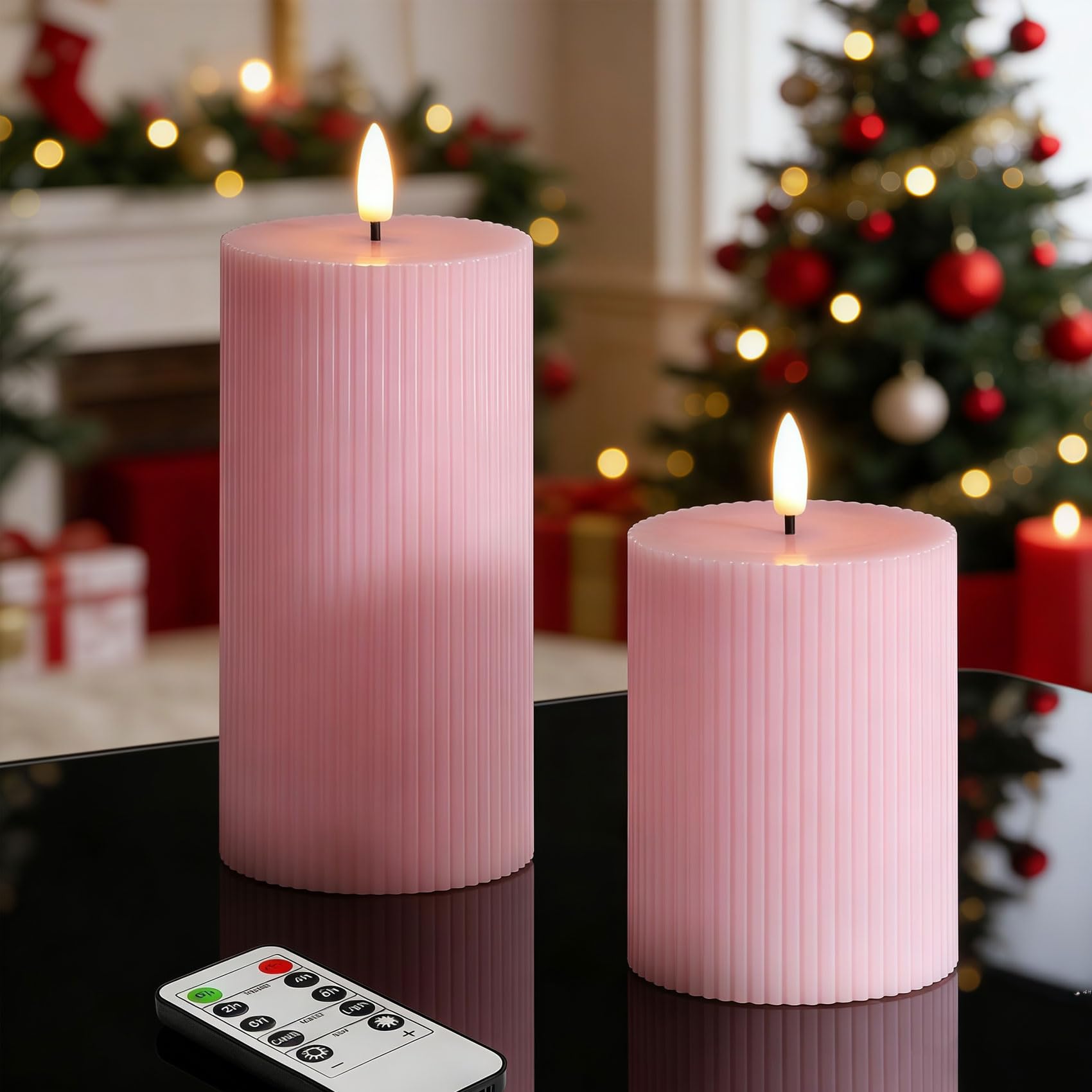 Rosafarbene flammenlose Stumpenkerzen mit Fernbedienung, flackernde LED-Wachskerzen, batteriebetrieben, 2 Stück