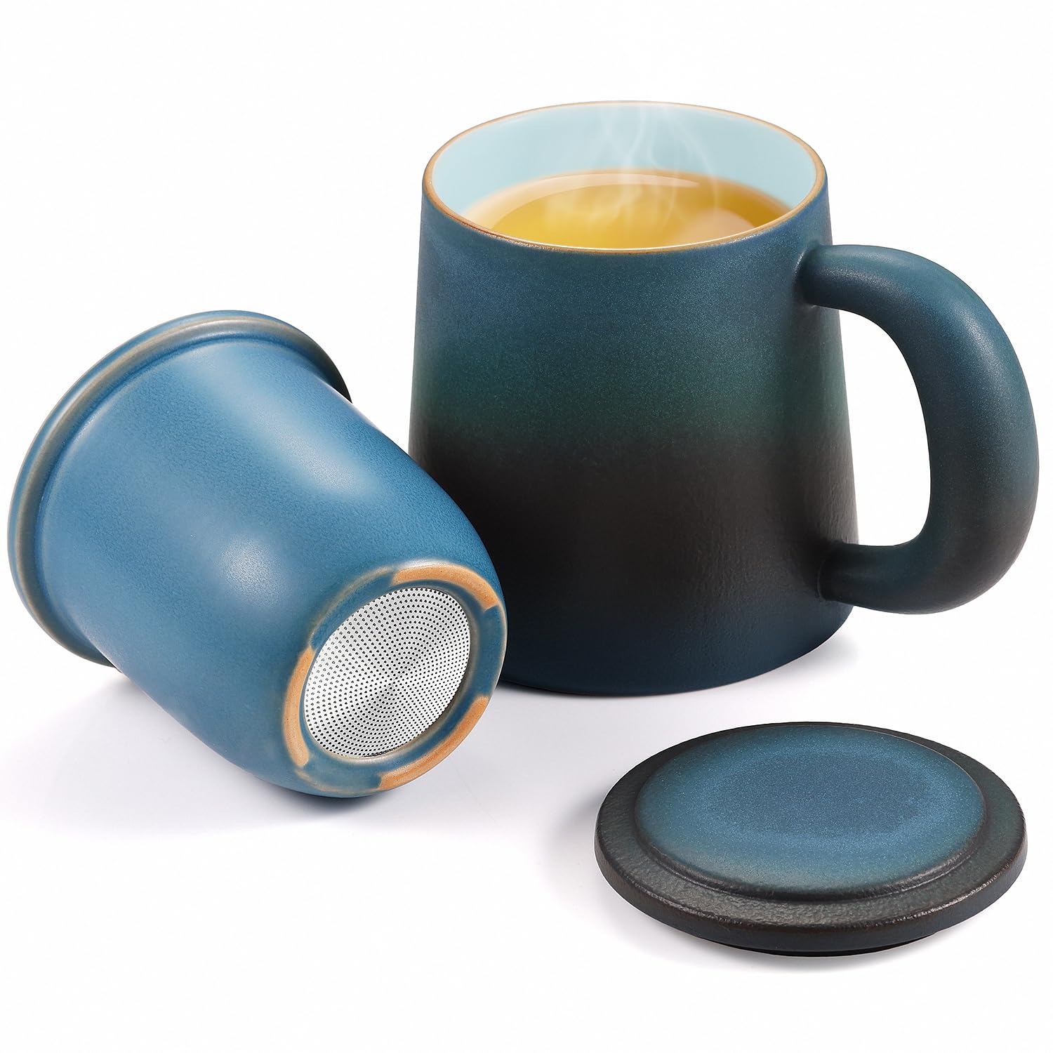 ecooe Taza de té con Filtro y Tapa, 420ml Azul Negro Taza de Te Cerámica Grande Taza de con colador de Té de Acero inoxidable con Asa(Capacidad completa)