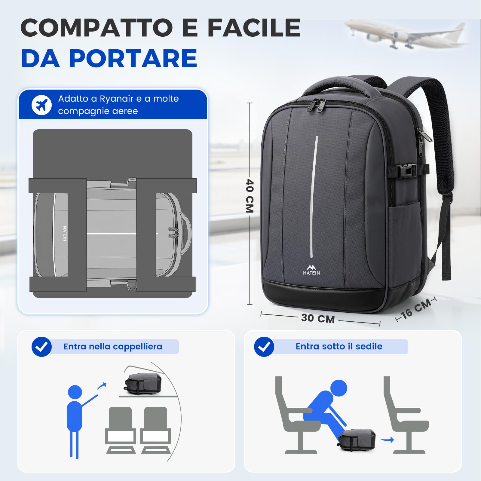 MATEIN Zaino Porta PC 15,6 Pollici, Zaino Lavoro Uomo per Laptop Notebook | Zaino PC Portatili con Custodia Organizer, Zaino Antifurto da Viaggio 40x30x16cm, per Ufficio, Viaggio e Università, Grigio