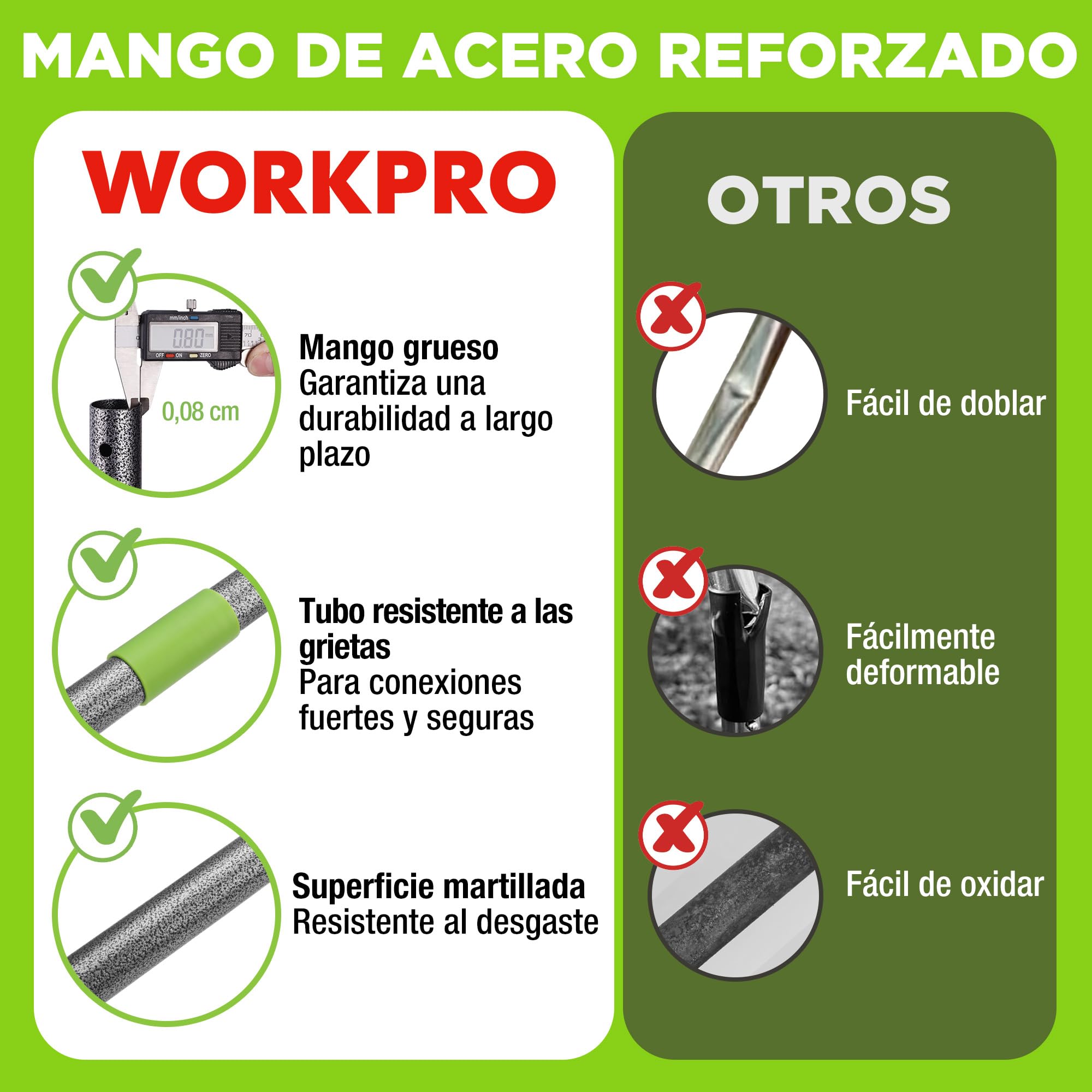 WORKPRO Rastrillo de Jardín Heavy Duty 165 cm, Rastrillo Metálico de 17 Dientes con Mango Ajustable para Aflojar Tierra, Recoger Hojas y Nivelar Césped