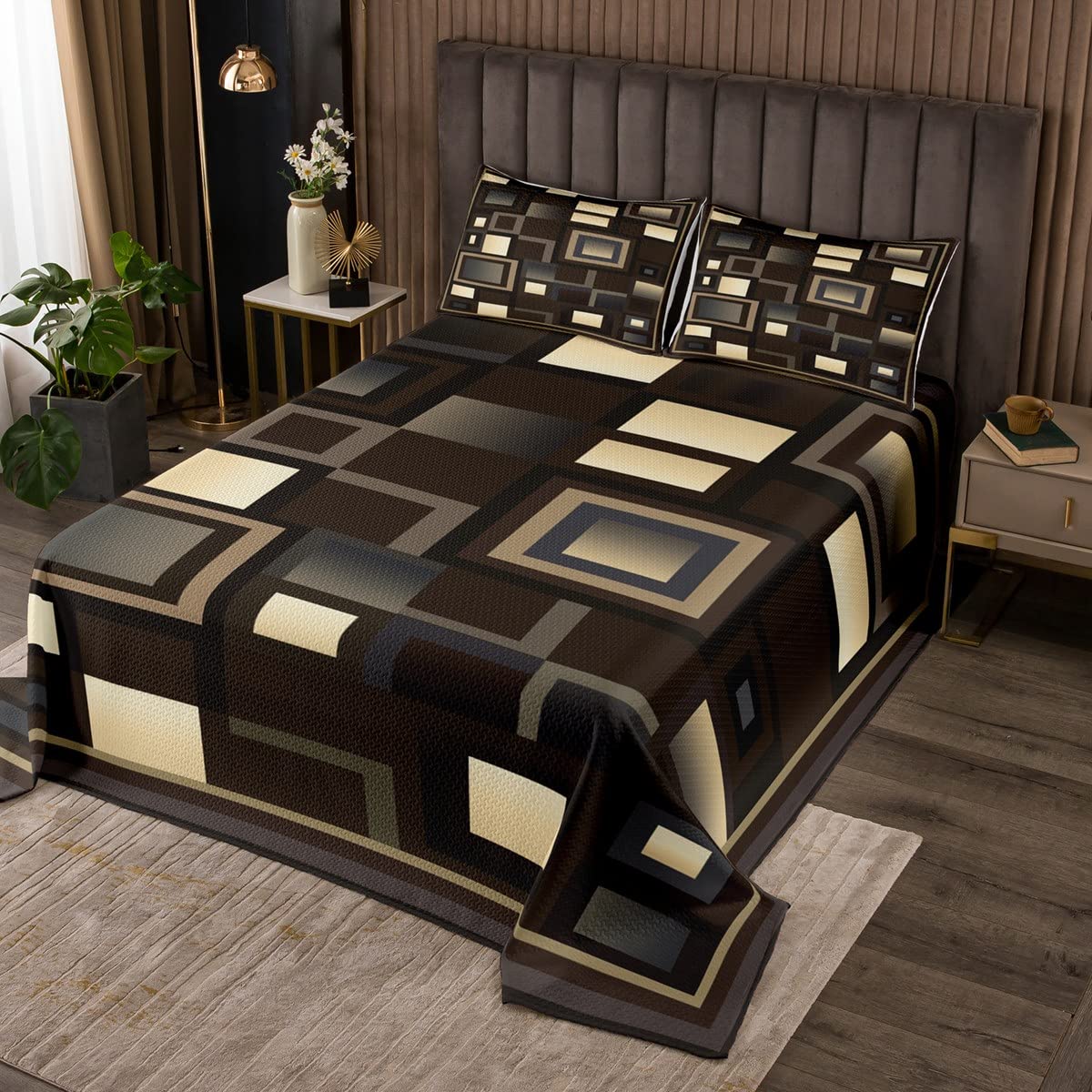 Feelingyou Grid 03 Geometric Grid Bedspread Set Double Size For Kids,Brown White And Khaki Quilt Set Modern Abstract Coverlet Geometric Square Splicing Bedspread 3 Pcs Decorative Bedding Quilted With 2 Pillow Shams