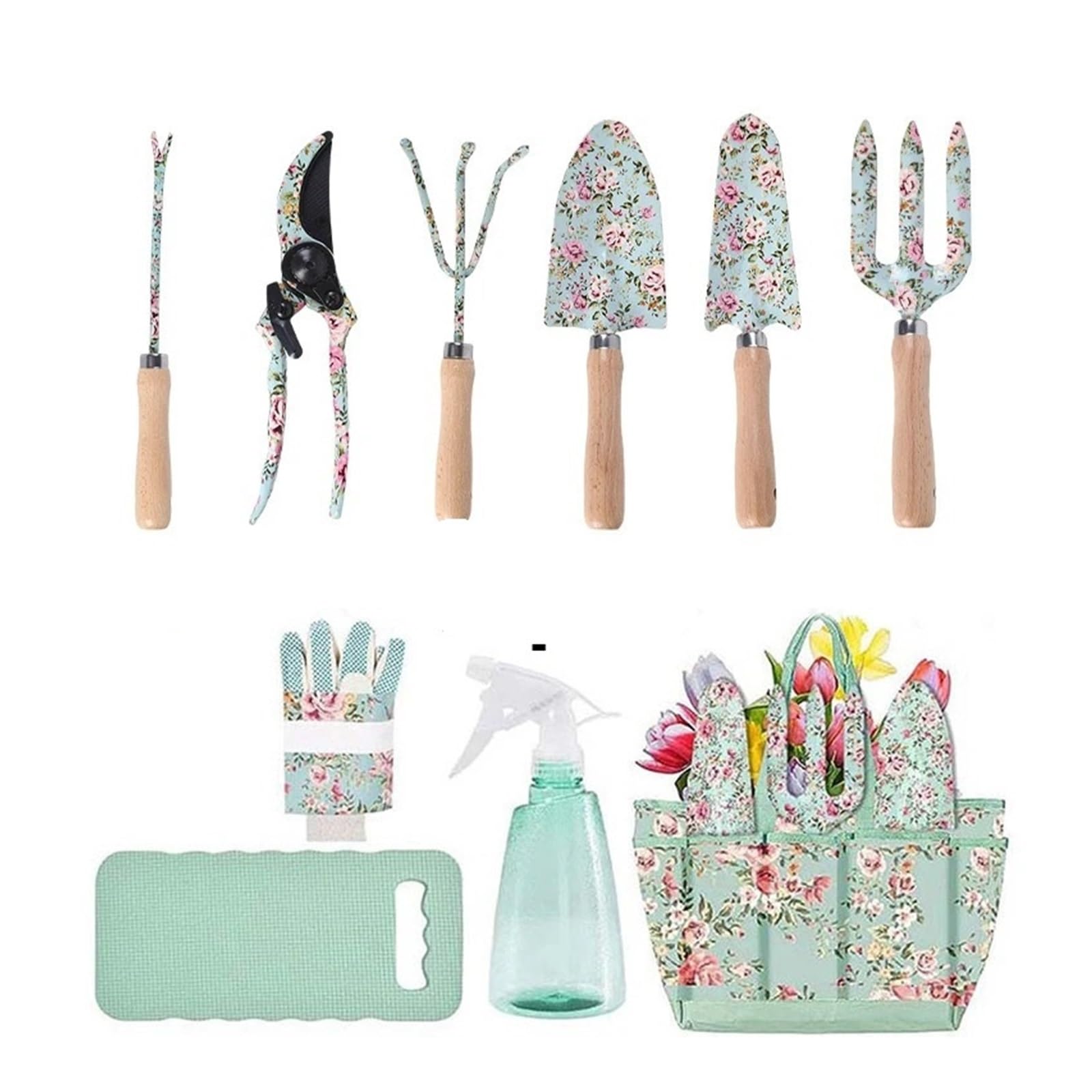 Ensemble d'outils de Jardin avec Manche en Bois imprimé, 10 pièces