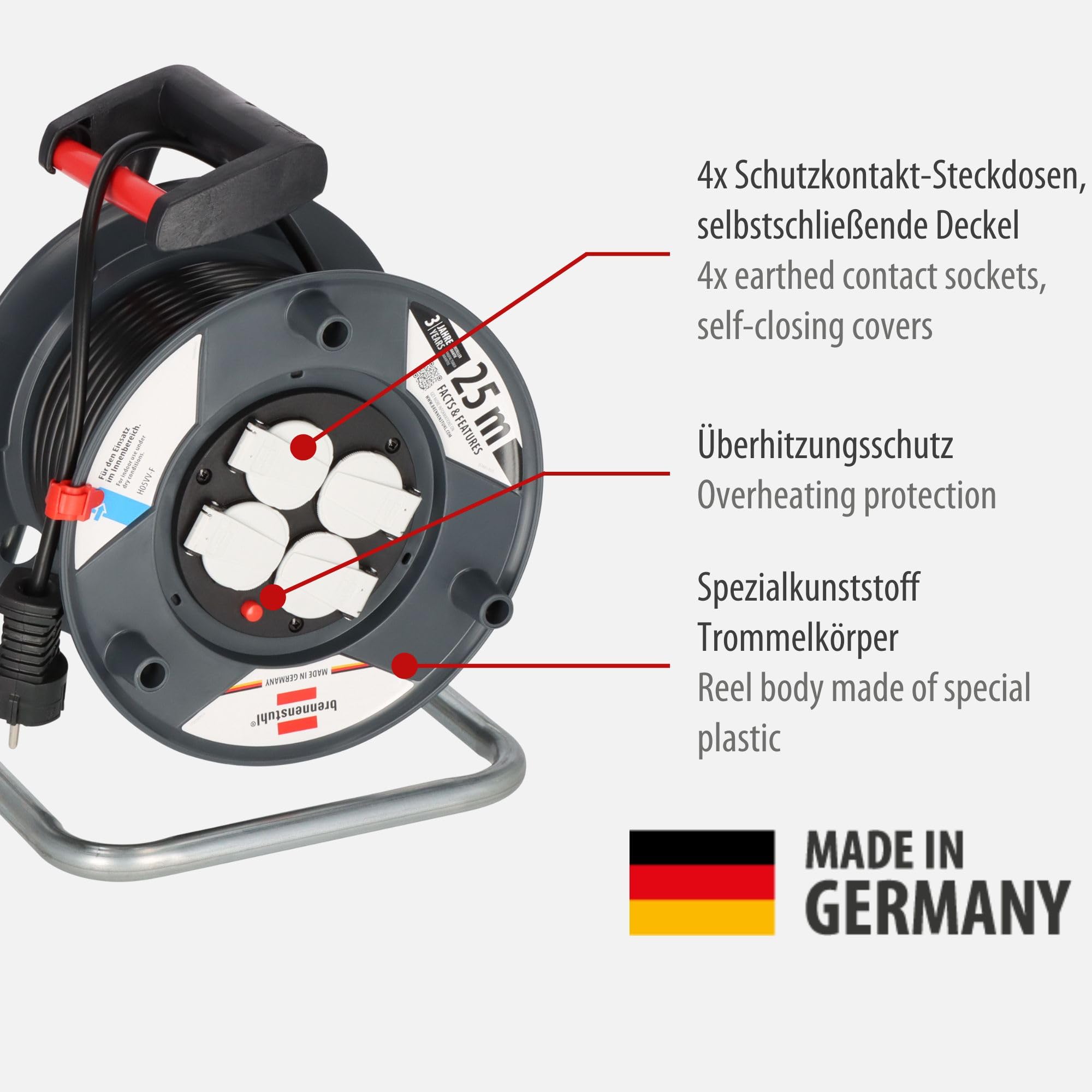 Brennenstuhl Garant E bęben kablowy (kabel 25 m w kolorze czarnym, ze specjalnego tworzywa sztucznego, do stosowania we wnętrzach, Made in Germany)