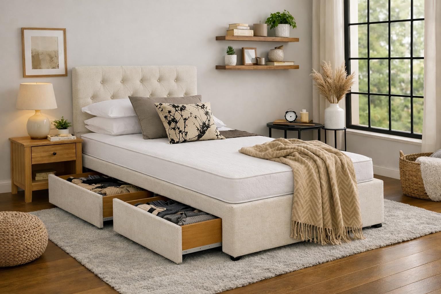 Divan Bed with Mattress | Single 3FT | Choice of Colours | 2 Storage Drawers | Toronto Headboard | Bed Frame with Mattress Included (Cream Chenille) โ image 1