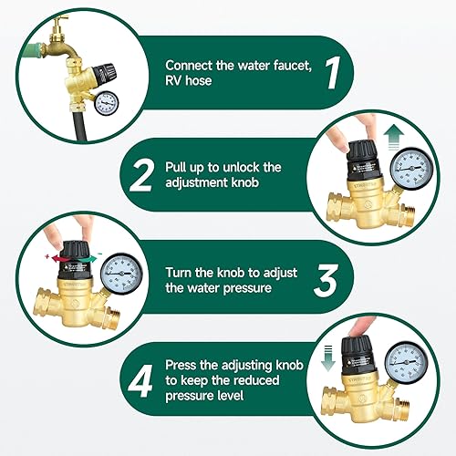 Miniatura 7 de Regulador de presión de agua para autocaravana RV Camper. Regulador de presión de agua ajustable sin plomo de latón con calibre 0-160 PSI, filtro de