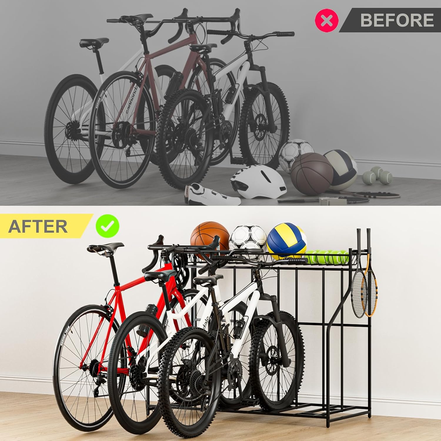 4 Bike Stand, Bike Rack Garage with Storage Rack, Bicycle Stand for Garage Organizer, Indoor Sporting Gear Storage Station for Mountain/Road/Hybrid & Fat Tire Bike