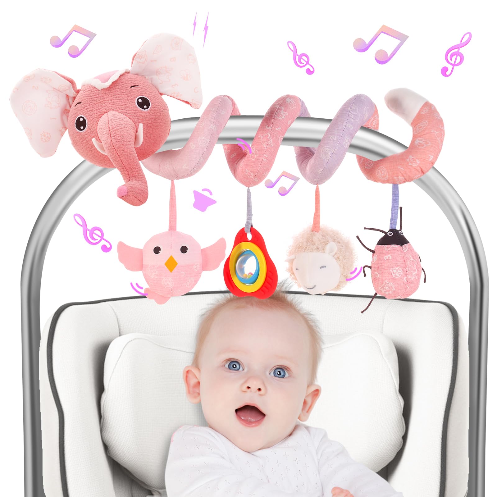 FATI Car Seat ToysBaby Toys 0-6 Months, Spiral Plush Baby Toy for Baby Crib Carseat, Sensory Toys with Squeaker Teether Rattles for 0 3 6 9 12 Months Babies Ideal Gifts