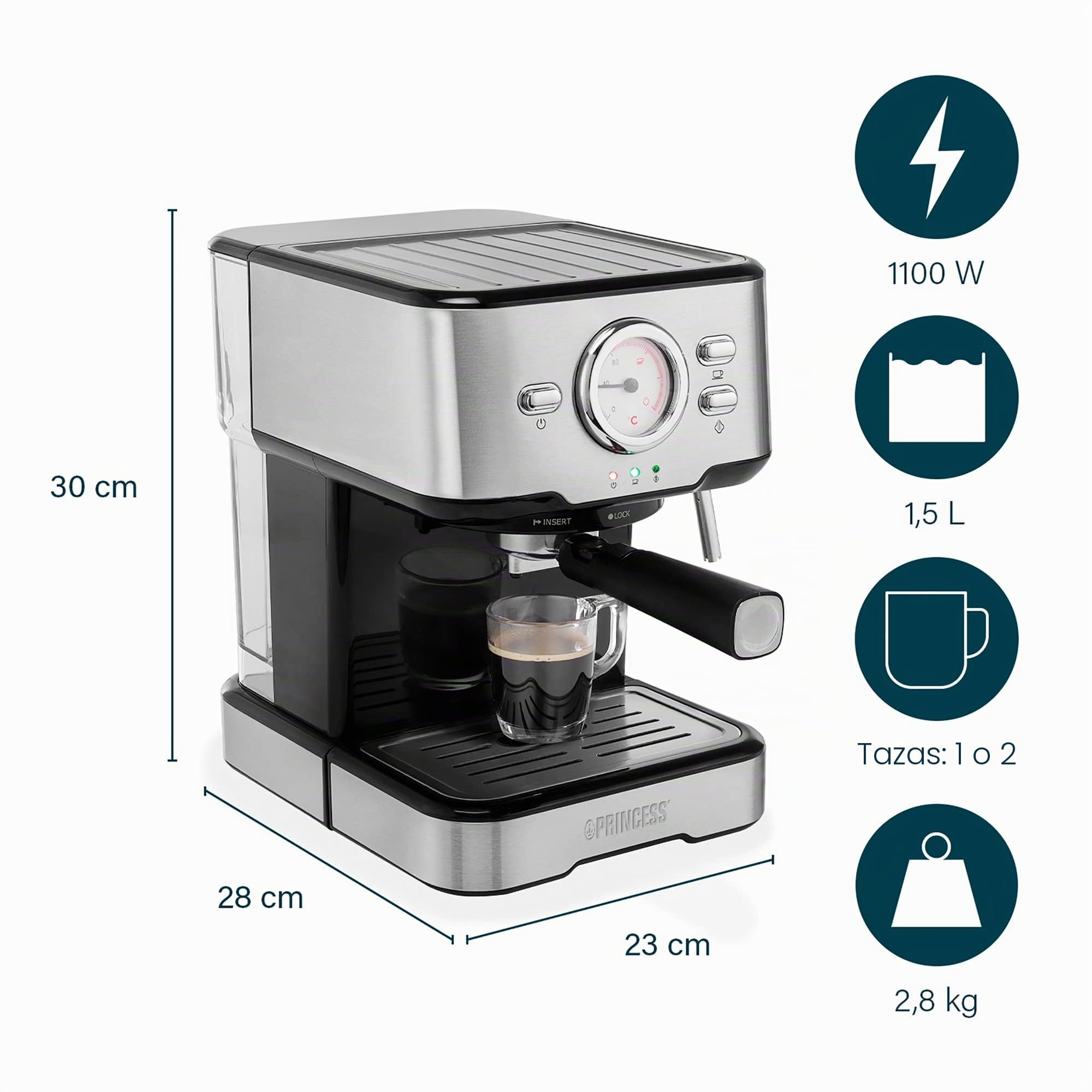Princess 249412 Máquina de café para Espresso, Compatible con cápsulas Nespresso y café molido, 1 o 2 tazas, 20 bares de presión, Depósito extraíble de 1.5L, con espumador de leche, 1100 W