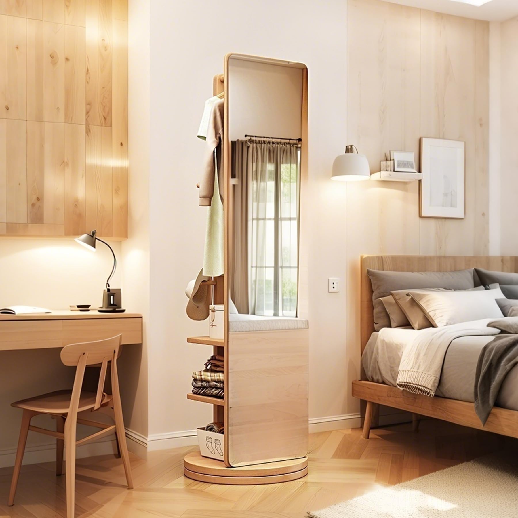 Specchio a Figura Intera Girevole 360° in Legno Massello con appendiabiti & 3 strati stoccaggio Rack, Moderno Specchio lungo grande da terra verticale con rotante Base