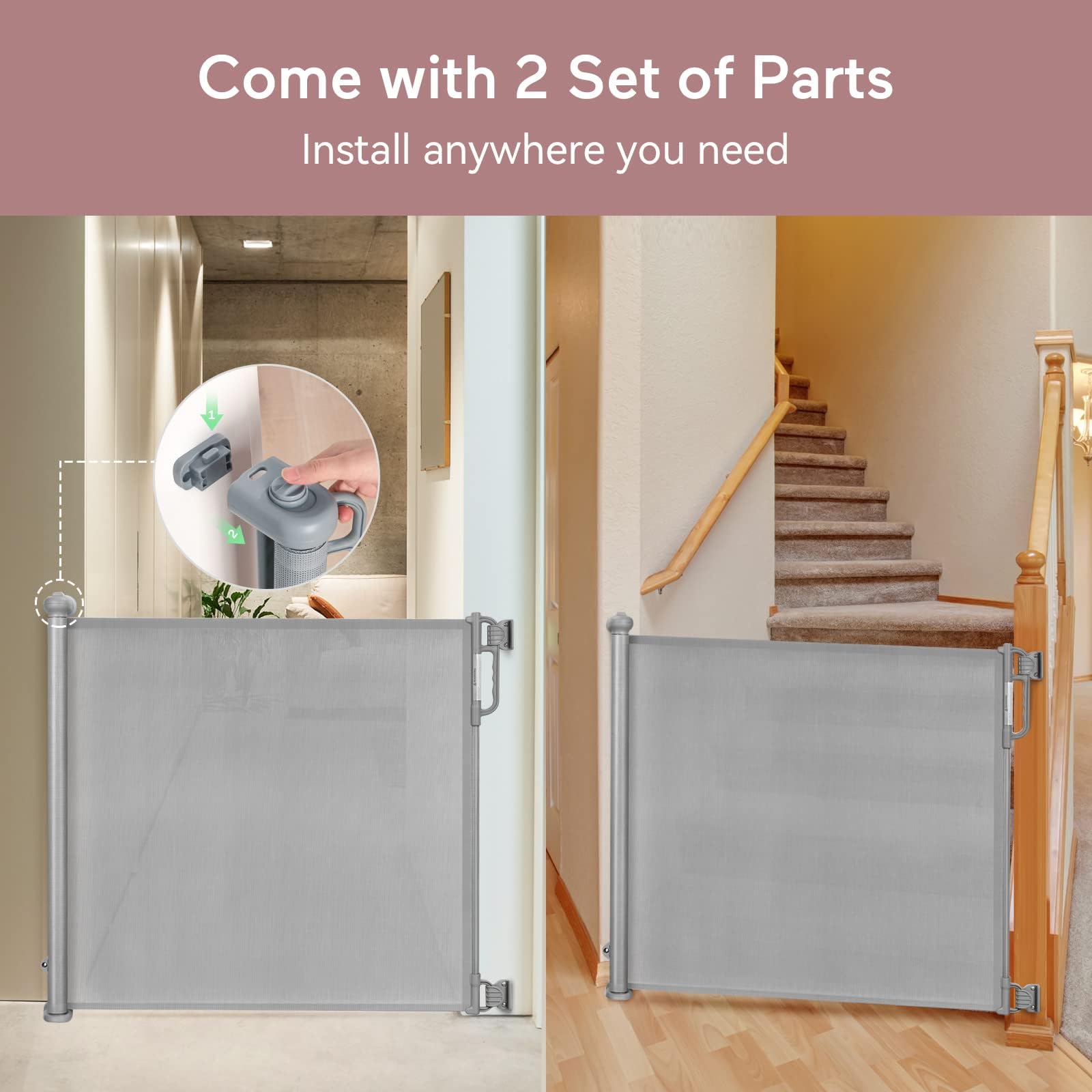 Momcozy Puerta de Escalera Retráctil para Bebé, 33" de Alto, Extiende hasta 55" de Ancho,Diseño Retráctil hacia Arriba y hacia Abajo Puerta de Malla para Perros para Interior/Exterior