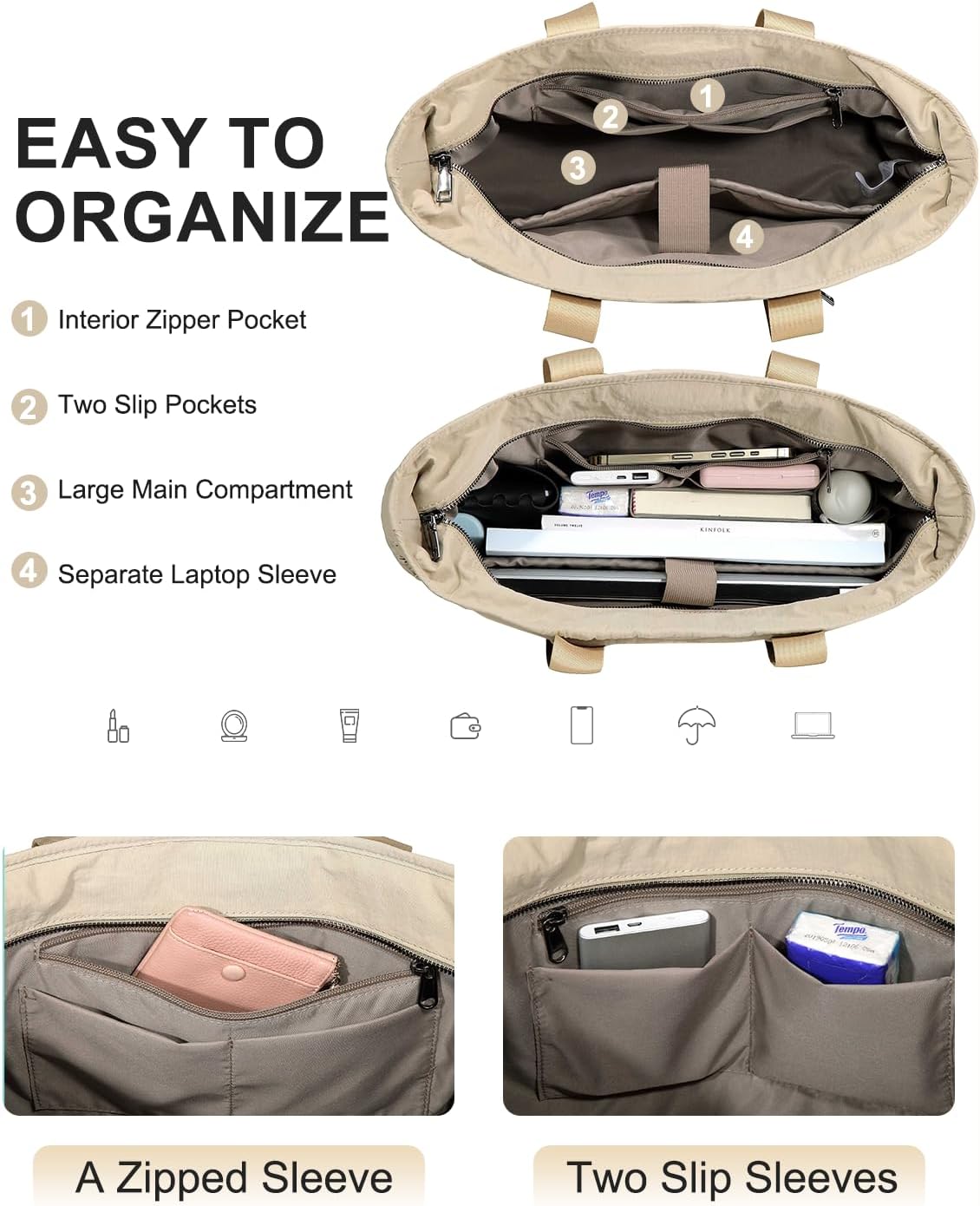 VASCHY Puffer Tote Bag for Women, Lightweight Utility Work Quilted Puffy Laptop Tote Purse with Compartments Zipper for Teachers/Travel/Everything Khaki