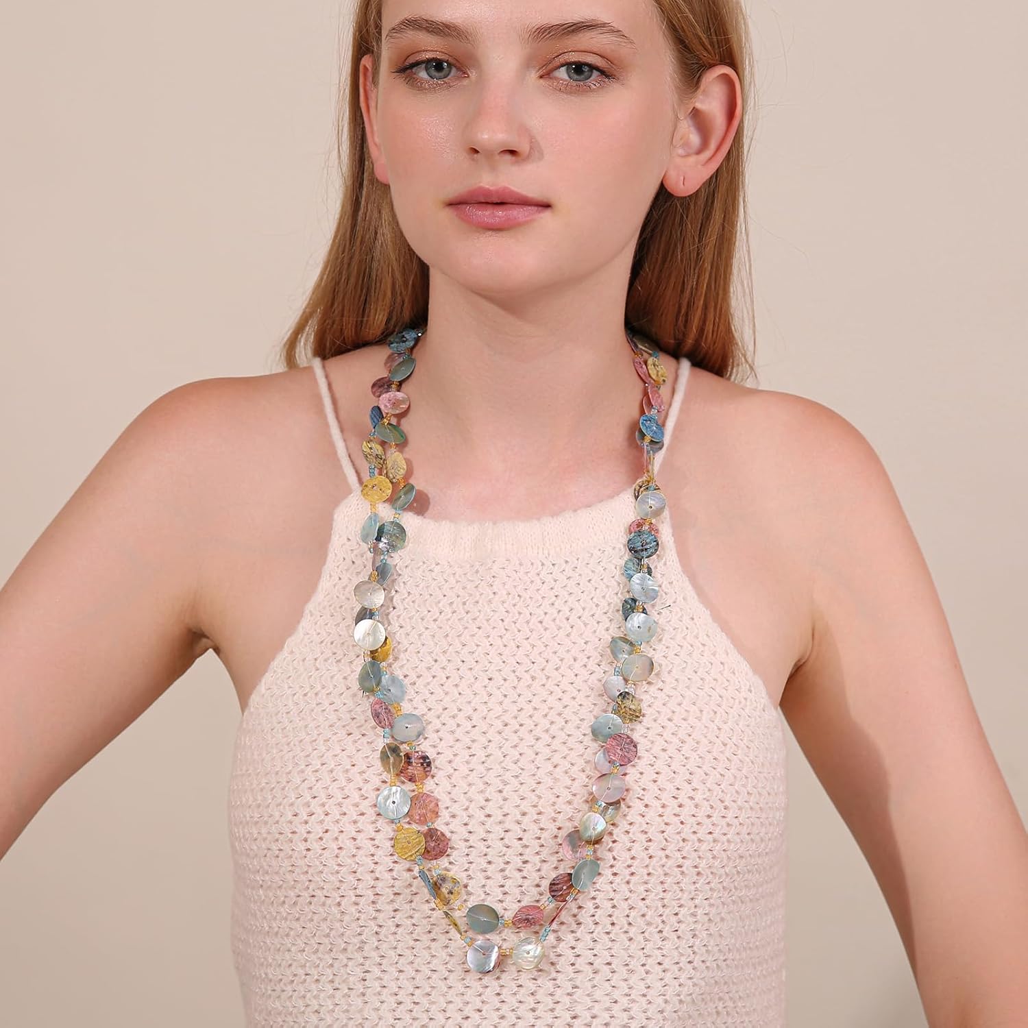 Layered Necklaces for Women, Multi Strand Boho Long Beaded Statement Piece with Shell & Coin Chunky Details - Image 2