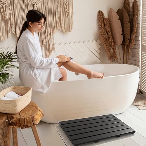 Miniatura 5 de Tapete de baño para baño, ducha de lujo, antideslizante, de madera de bambú, impermeable, para uso en interiores o exteriores (negro)