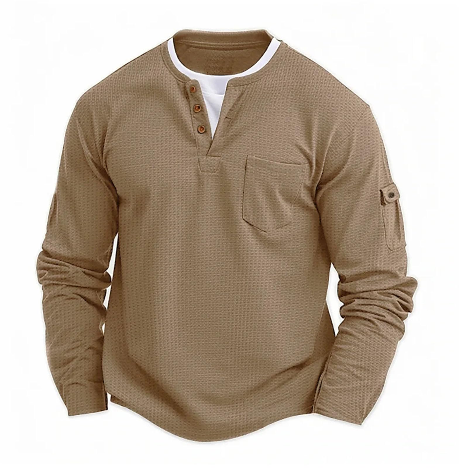 Camicia da uomo a maniche lunghe con bottoni casual tinta unita T-shirt alla moda in cotone a nido d'ape finto strato di base a due pezzi