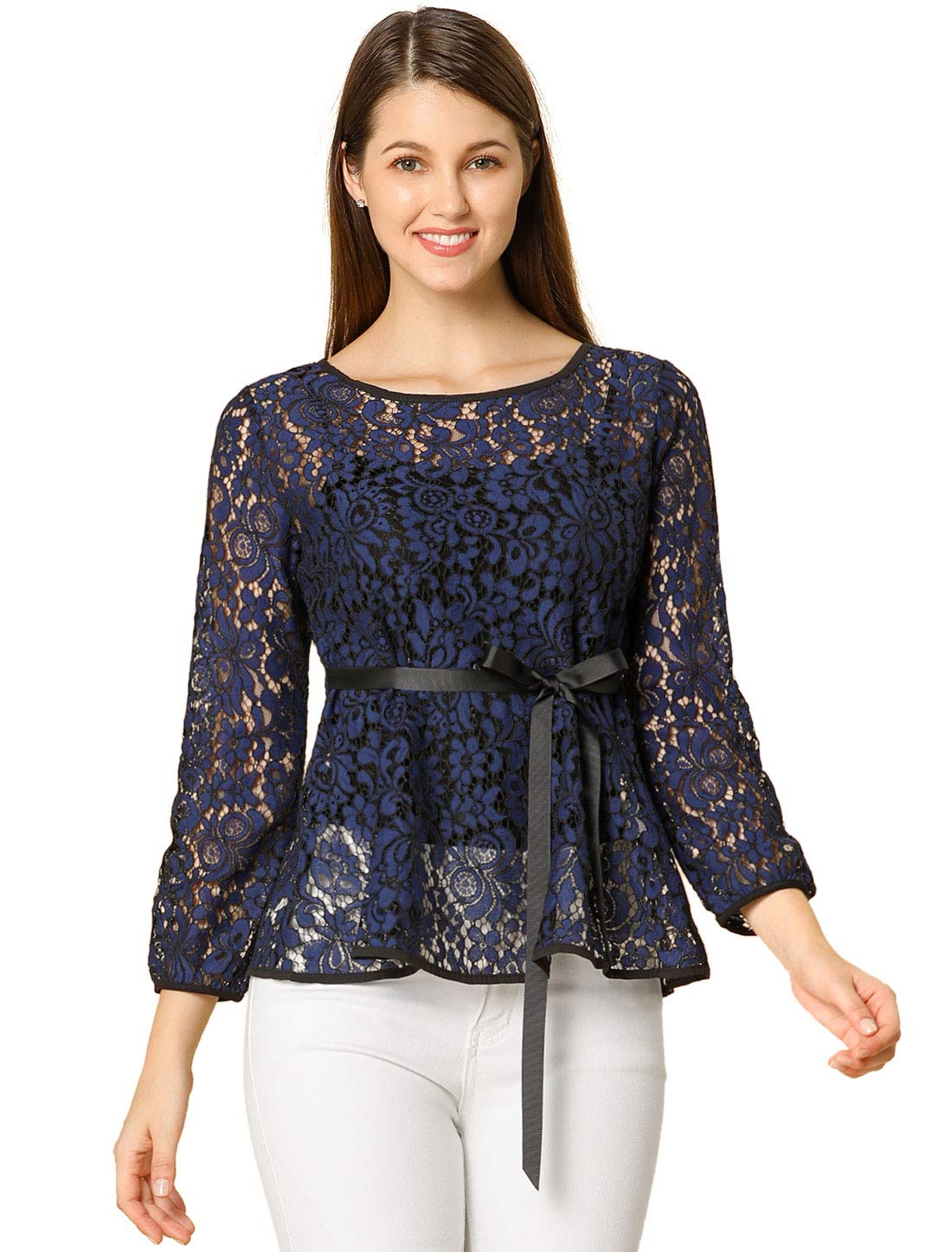 Allegra K Damen Langarm Bindegürtel Panel Spitze Peplum Top Bluse Dunkelblau XL
