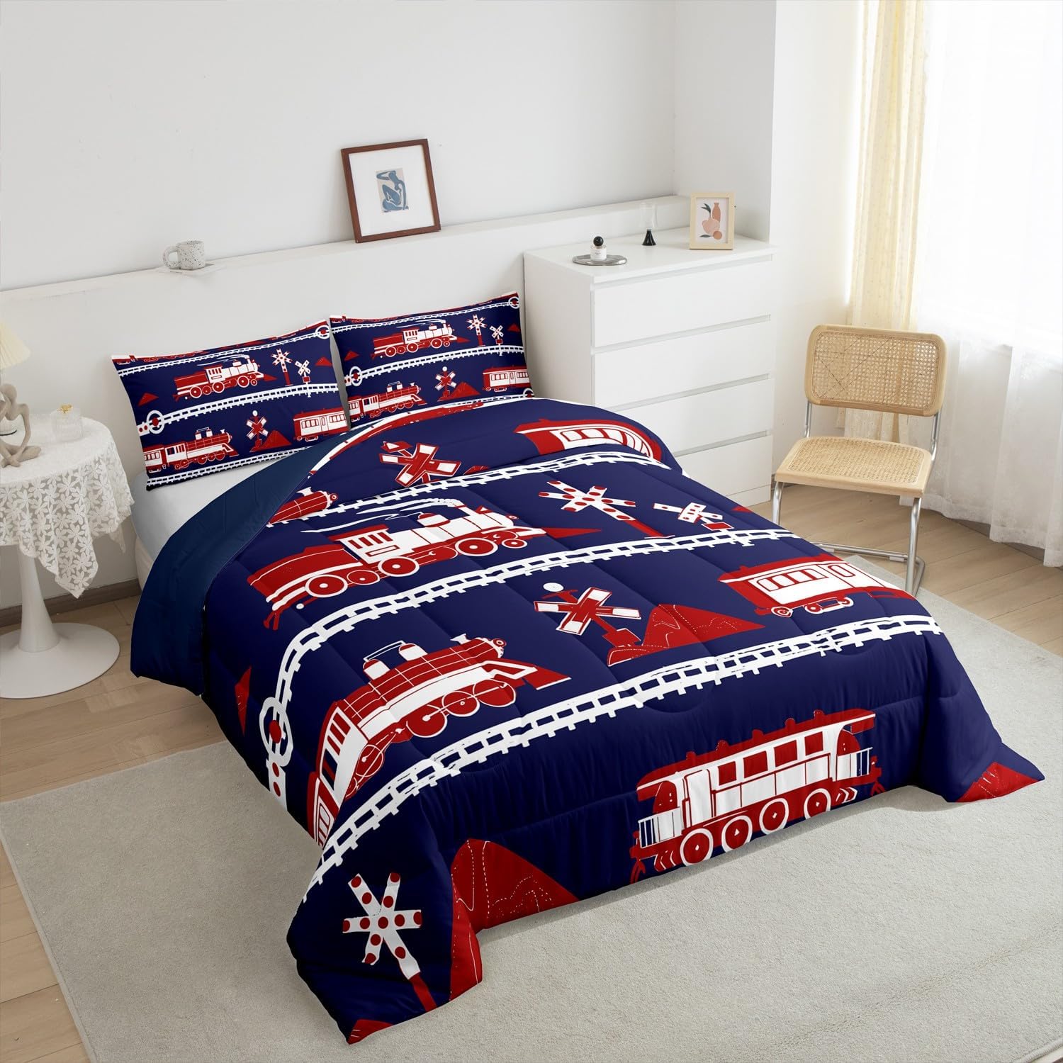 Erosebridal Train Comforter Set Cartoon Car Toddler Bedding, Traffic Transportation Track Comforter for Kids Teens Vintage Steam Engine Railway Decor Quilt Set Room Twin 2Pcs, Navy Blue Red White
