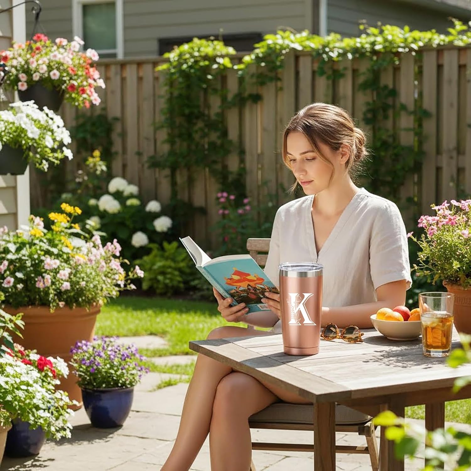 Letter K Insulated Travel Cup with Lid, Personalized Initial Mugs for Women, Letter K Gift Coffee Mugs for Women, Wife, Mom, Grandma, Bridal Shower Gifts, 20 OZ Rose Gold Two Lids - Image 3