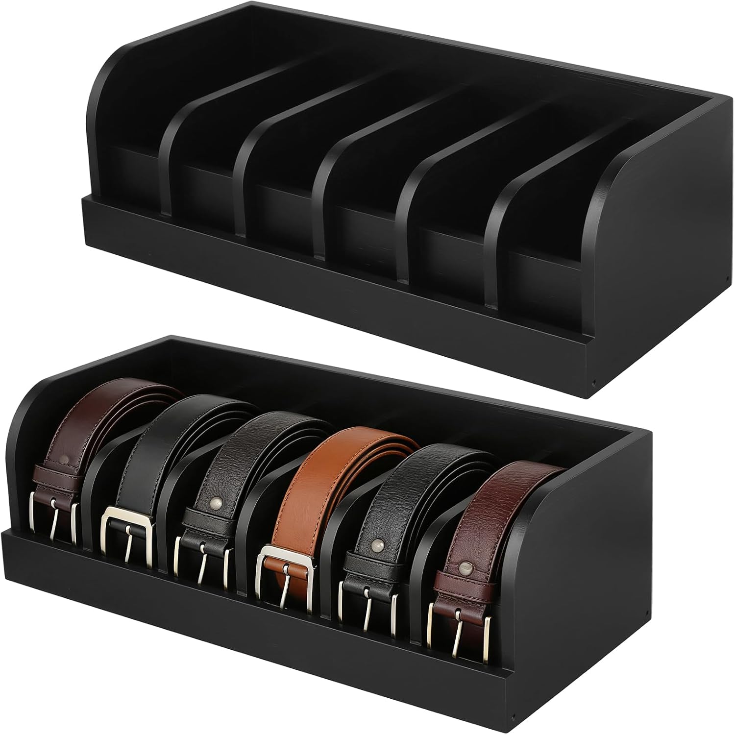 2 PCS Bamboo Belt Organizer, 6 Compartments Belt Storage Organizer Belts Display Case for Closet and Drawer, Men and Women (Black)