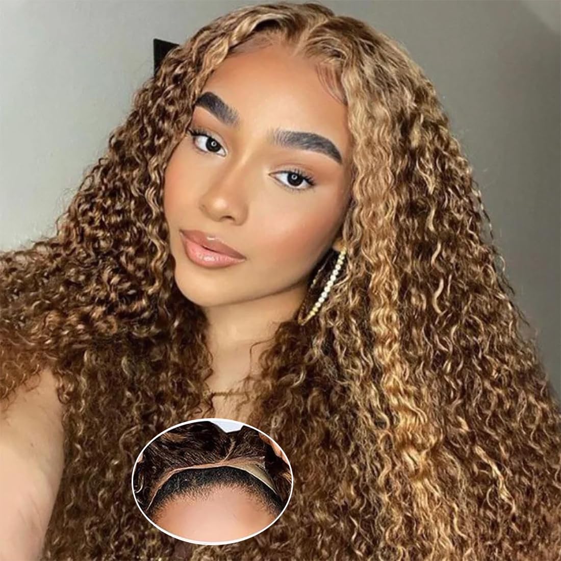Glueless Wigs Human Hair Pre Plucked Pre Cut 4/27 Highlight Ombre Honey Blonde Curly Wigs Human Hair for Beginners 4x4 Deep Wave Lace Closure Glueless Wigs for Black Women 20 Inch