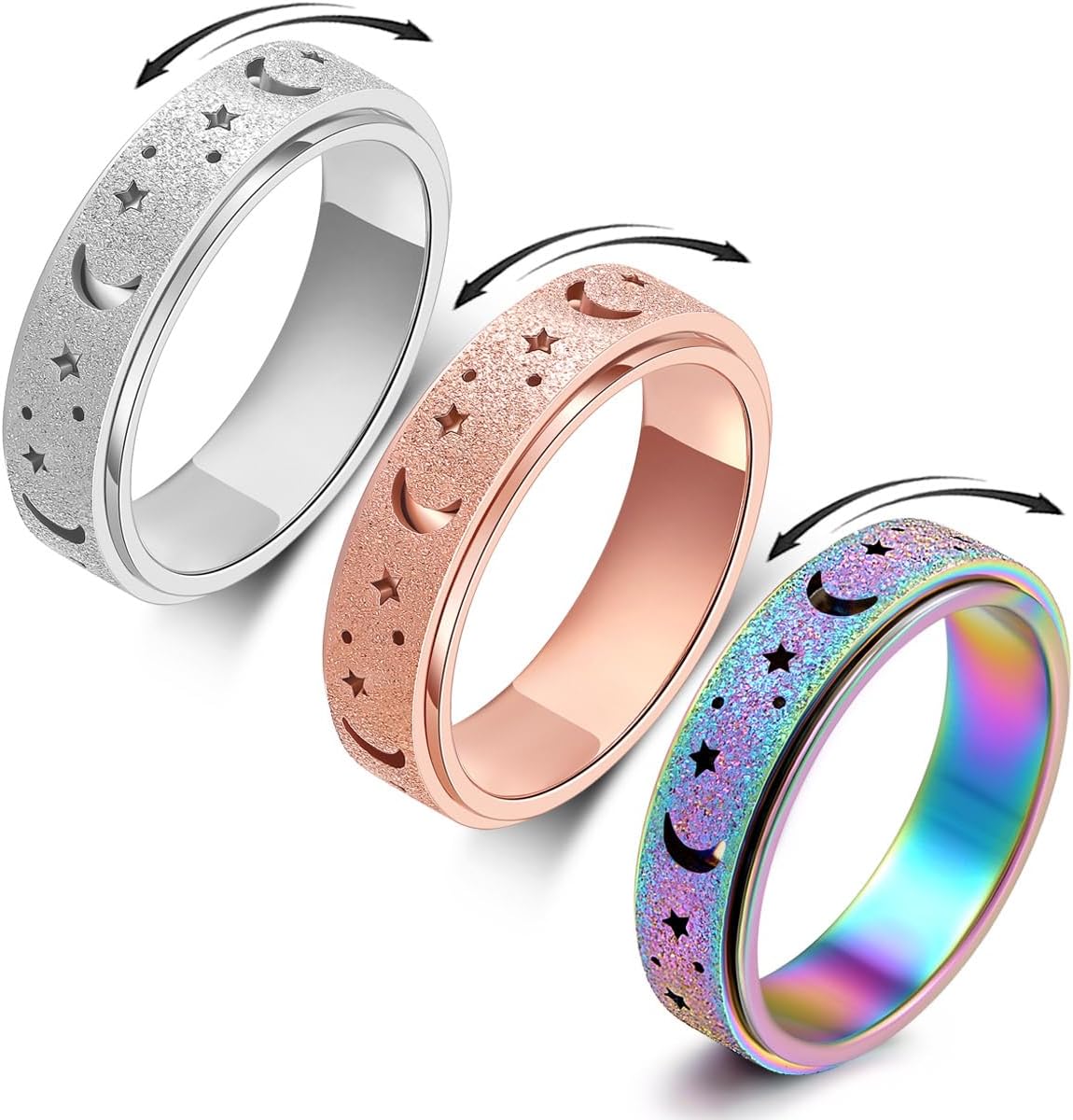 OreilleStar Anxiety Ring for Women Spinner Ring Fidget Ring Stainless Steel Fidget Toys Adults Spinner Rings Fidgit Rings Set Rose Gold Silver Rainbow Size 9