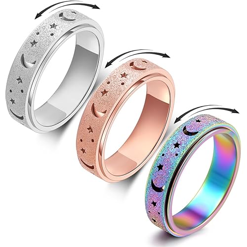 OreilleStar Anxiety Ring for Women Spinner Ring Fidget Ring Fidget Toys Adults Spinner Fidget Rings Stainless Steel Rose Gold Silver Rainbow Size 6