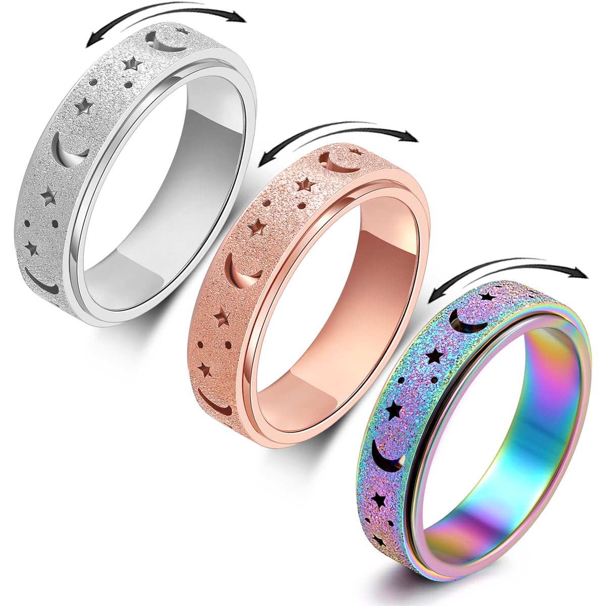 Anxiety Ring for Women Spinner Ring Fidget Ring Stainless Steel Spinner Rings Fidget Toys Adults Fidgit Rings Set Rose Gold Silver Rainbow Size 7