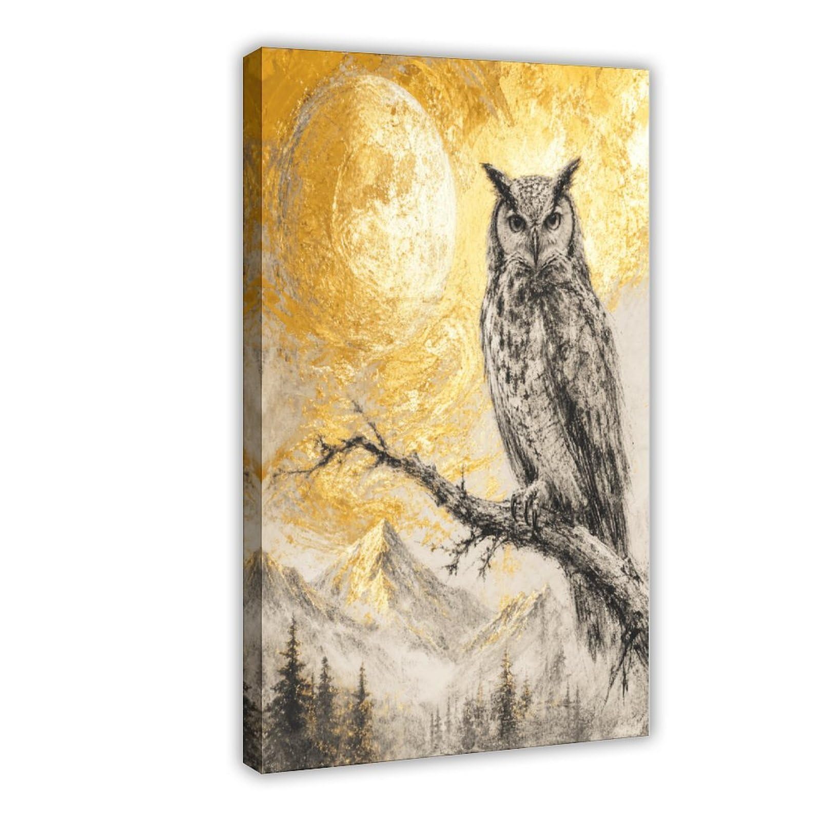 H3b8u2y5 Frame-Style-10 Owl On Golden Moon Branch Canvas Wall Art, Moonlit Stage Office