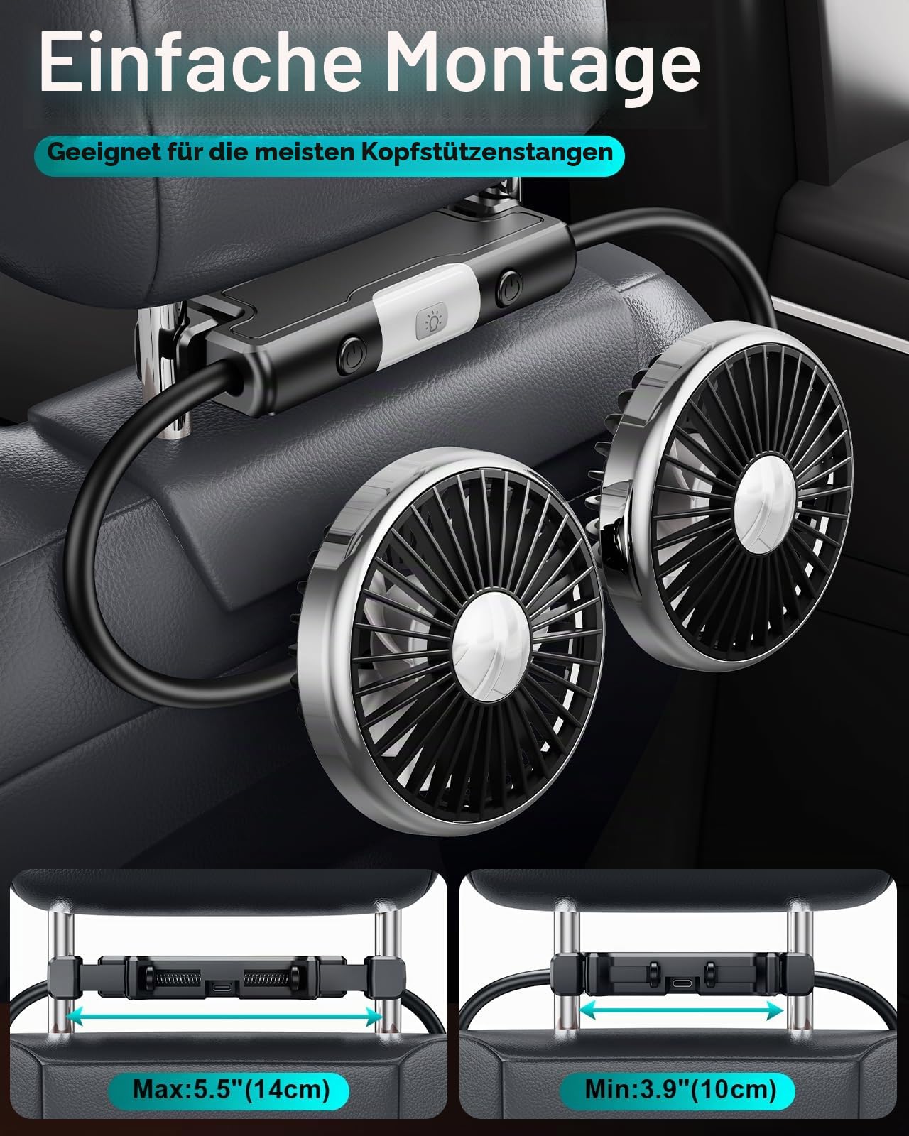 360° Schlauch-Kühlventilator für Auto Rücksitz, Kinder & Baby nach hinten gerichtet – Tragbarer USB-Ventilator für Auto, SUV, Wohnmobil & Pickup (Kopfstütze) – 3 Geschwindigkeiten & LED-Licht