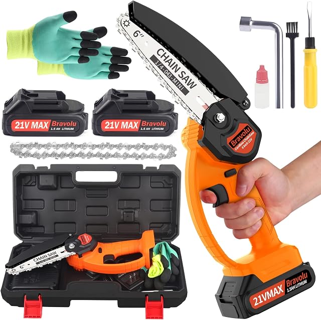 Mini Chainsaw, Bravolu 21V 6-inch Cordless Electric Chainsaw, One-Handed Portable Battery Chainsaw with 2*1.5AH Batteries and 2 Chains, Suitable for Pruning Trees and Branches Wood Cutting