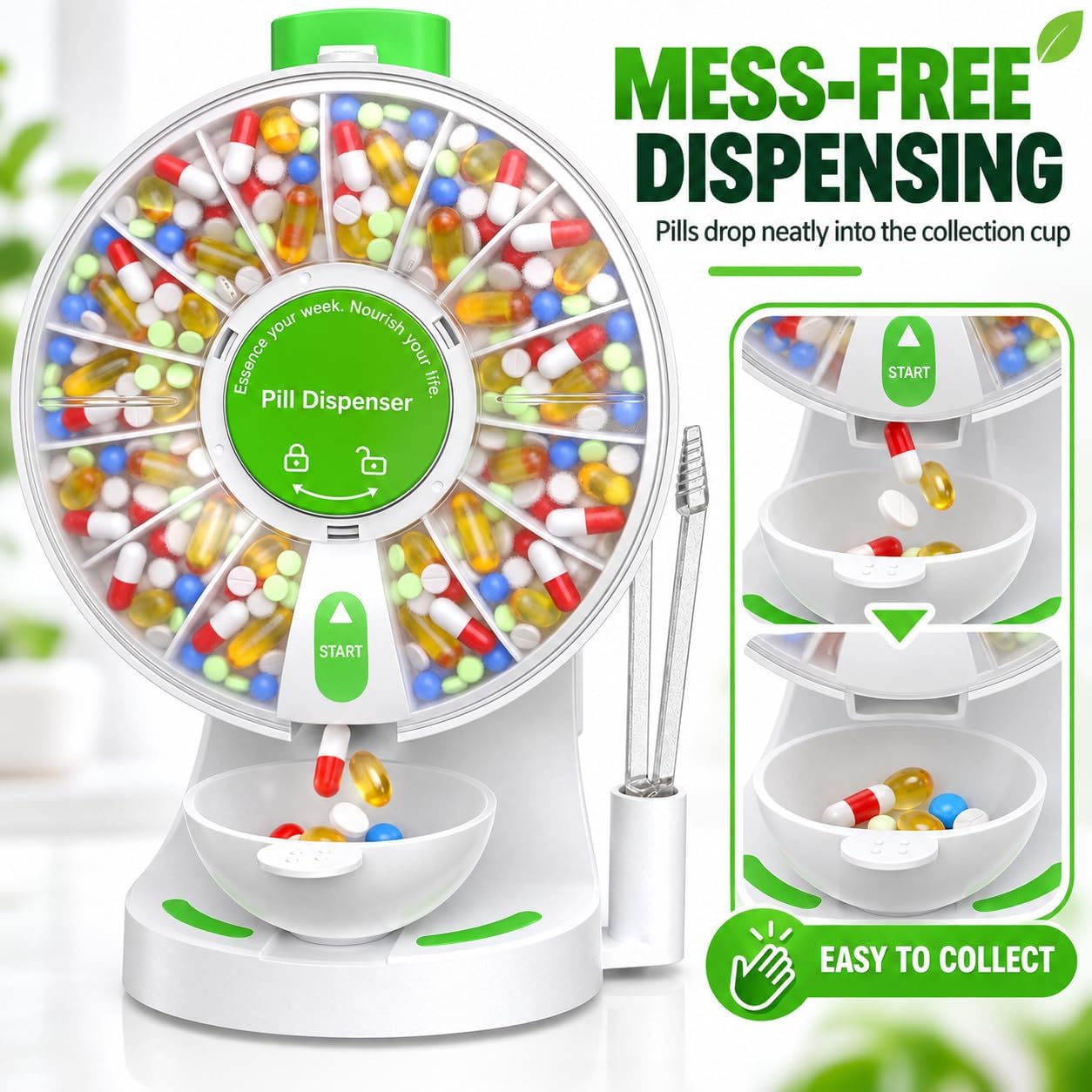 【Upgrade】Easier to Open&Refill Pill Dispenser Organizer, Textured Lid Design 14-Compartment Large Capacity Pill Box with One-Press Dispensing, Child Lock, Magnetic Cup, Wall-Mount or Countertop(Green)