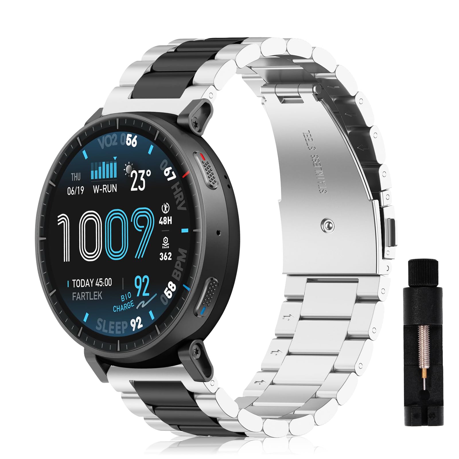 Strap For Amazfit Active Max/Balance 2 1/Bip 6 5 5Unity/T-Rex 3 3Pro, Metal Stainless Steel Band For Amazfit GTR 4 3 3Pro/Cheetah/Cheetah Pro/Stratos 3 2 2s Men Women, Silver/Black