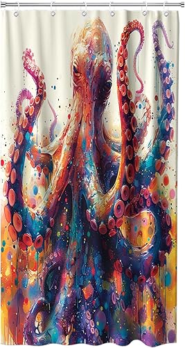 Vista 22 de Juego de cortinas de ducha náuticas de tela, diseño de pulpo, monstruo, velero, decoración de baño con ganchos, impermeable, lavable, 72 x 72