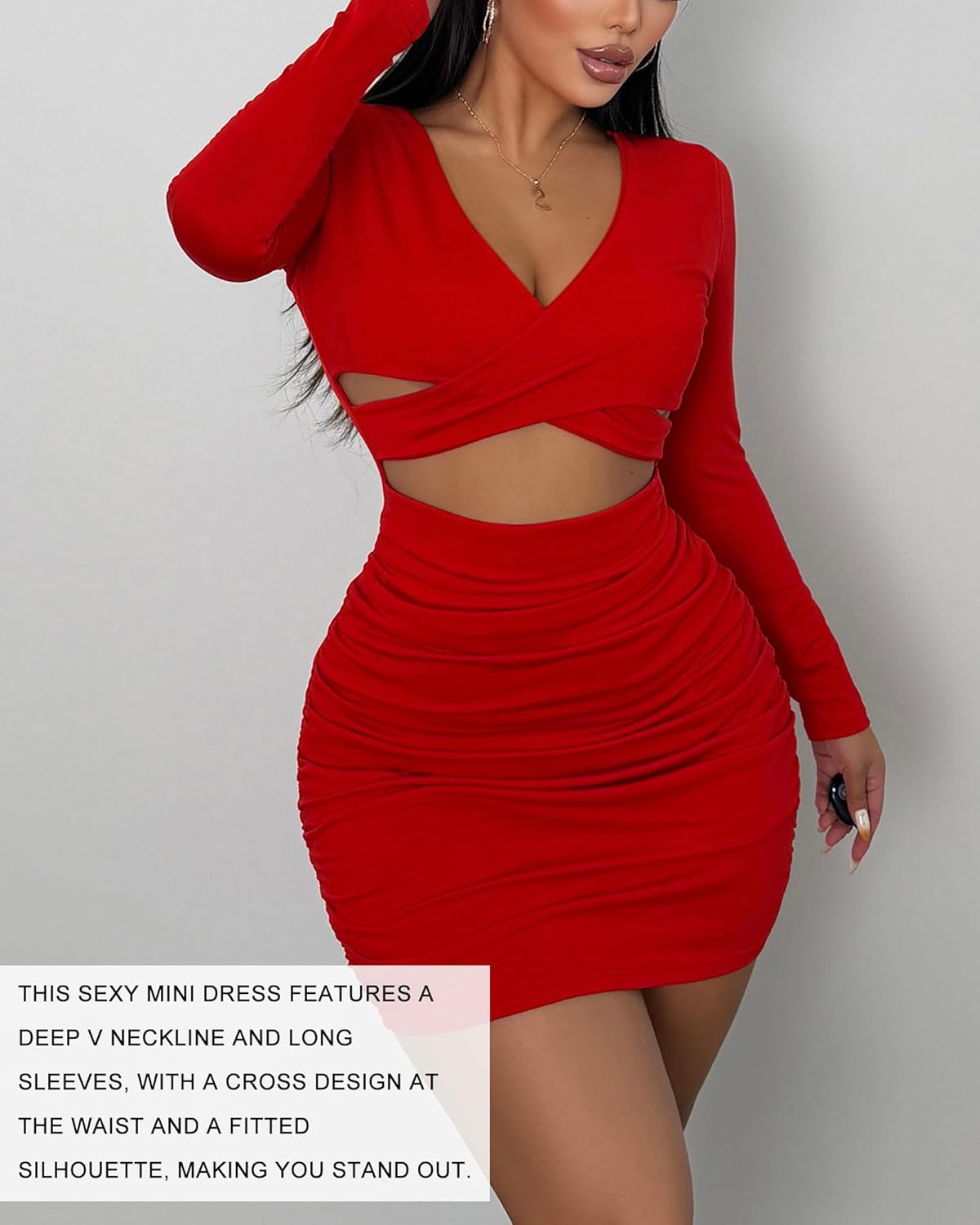 Sexy Club Dresses for Women - Bodycon Mini Dress with Long Sleeve, Deep V-Neck, Cut Out Design for Night Out, Party, Clubbing - Image 4