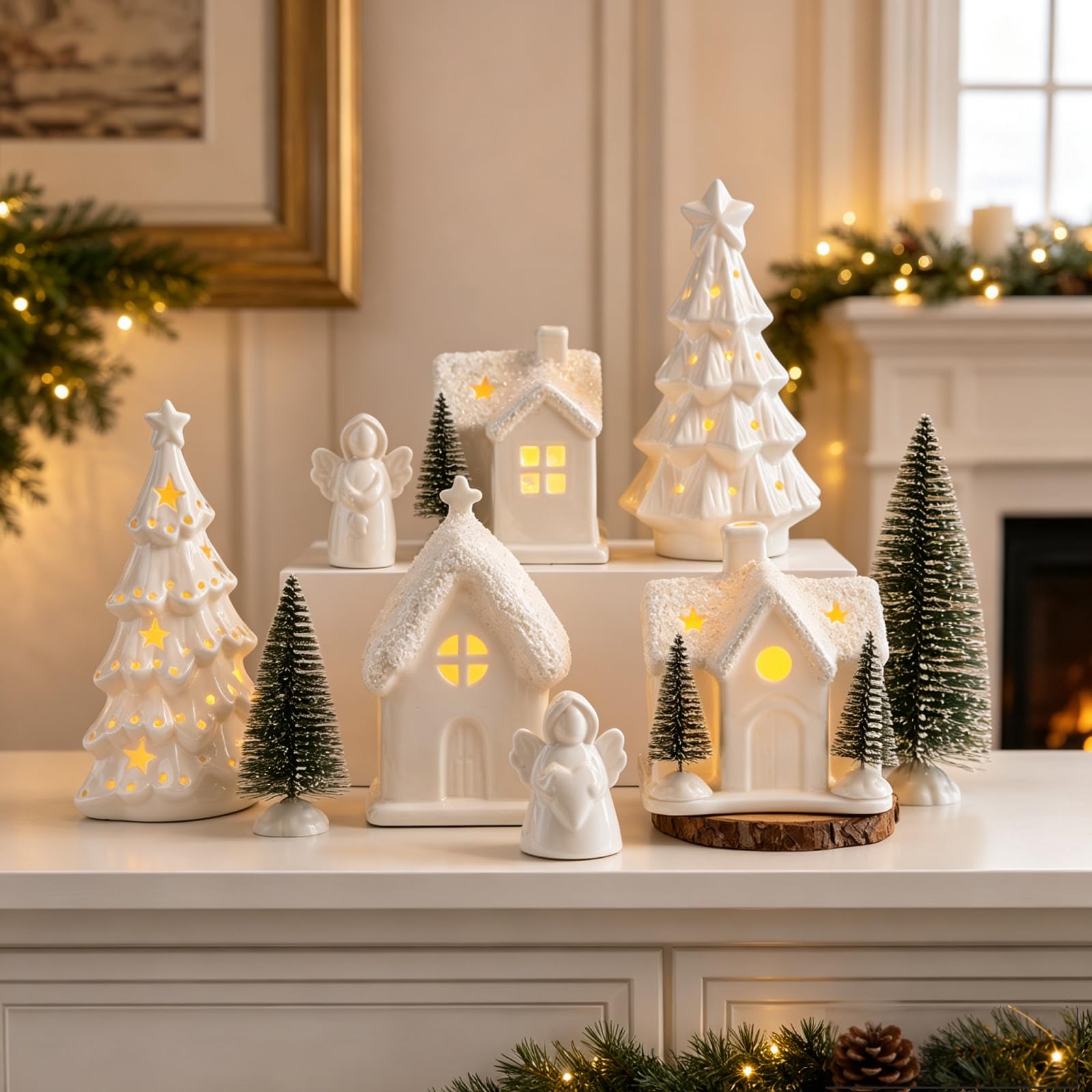 12Stk Weihnachtsdorf mit Beleuchtung,Weihnachtshaus Beleuchtet,Keramik Weihnachtsdeko innen,3*beleuchtete Weihnachtshäuser & 2*Weihnachtsbäume & 2*Engel,Deko Weihnachtsdorf mit Beleuchtung für Tisch
