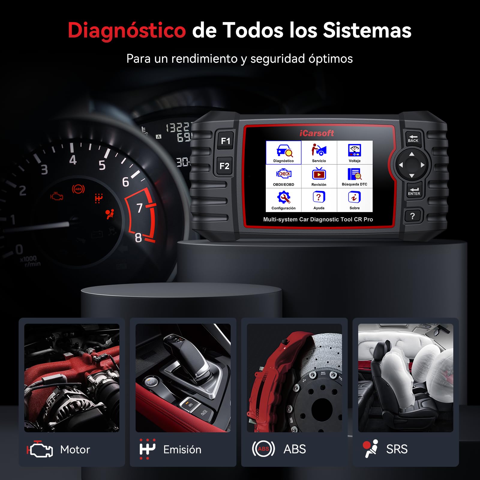 iCarsoft CR Pro OBD2 Máquina Diagnosis Coche Multimarca, Escáner de Todo el Sistema, Detector Fallos Coche con 9 Funciones Reinicio, Aceite/SAS/BMS/ABS, Prueba de Batería, Actualización de por Vida