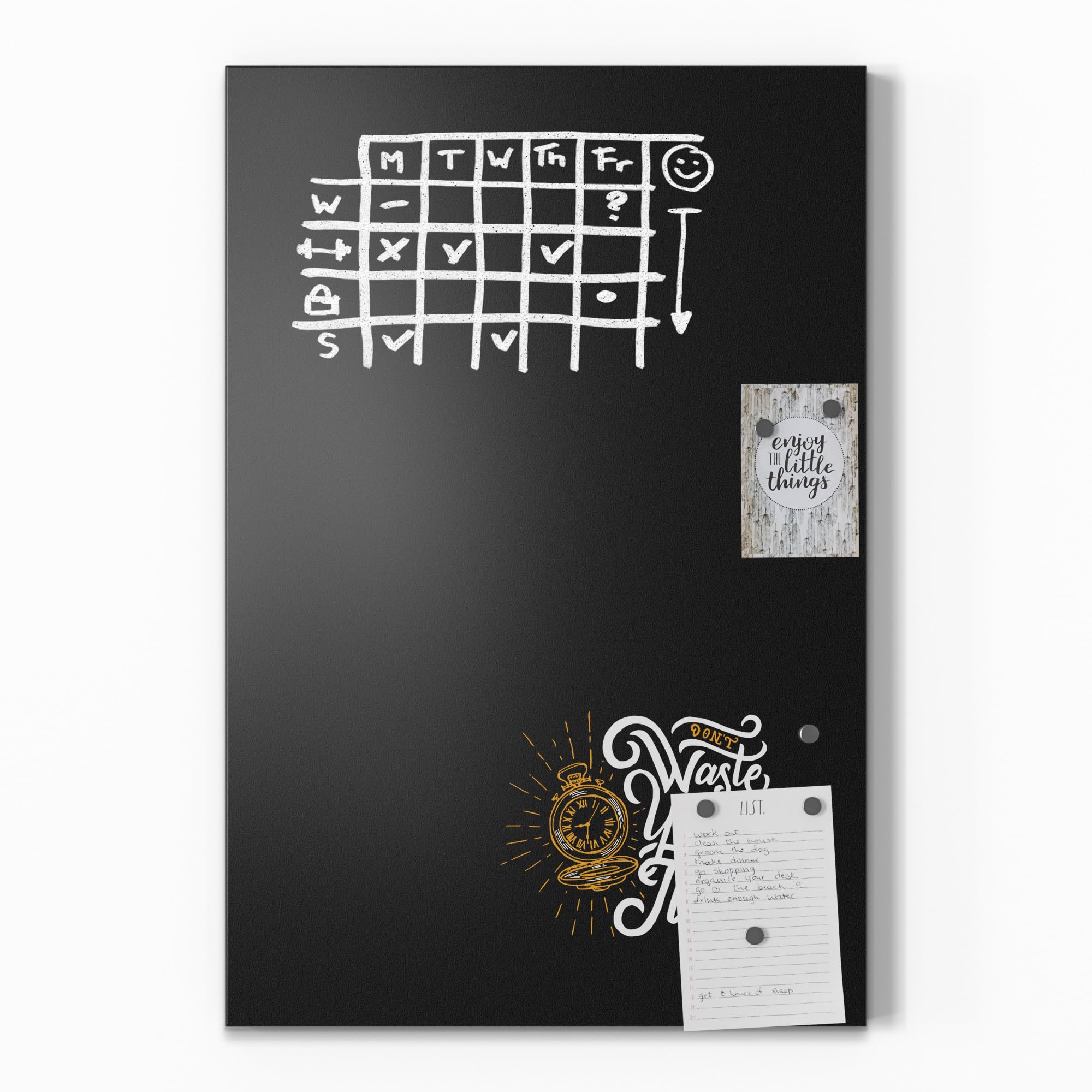 DEQORI Magnetische Kreidetafel mit UV-Druck | Motiv Zeit ist kostbar | Design rechteckig 40x60 cm | Kreide Metalltafel beschreibbar – Wanddeko für Küche, Flur, Kinderzimmer & Büro