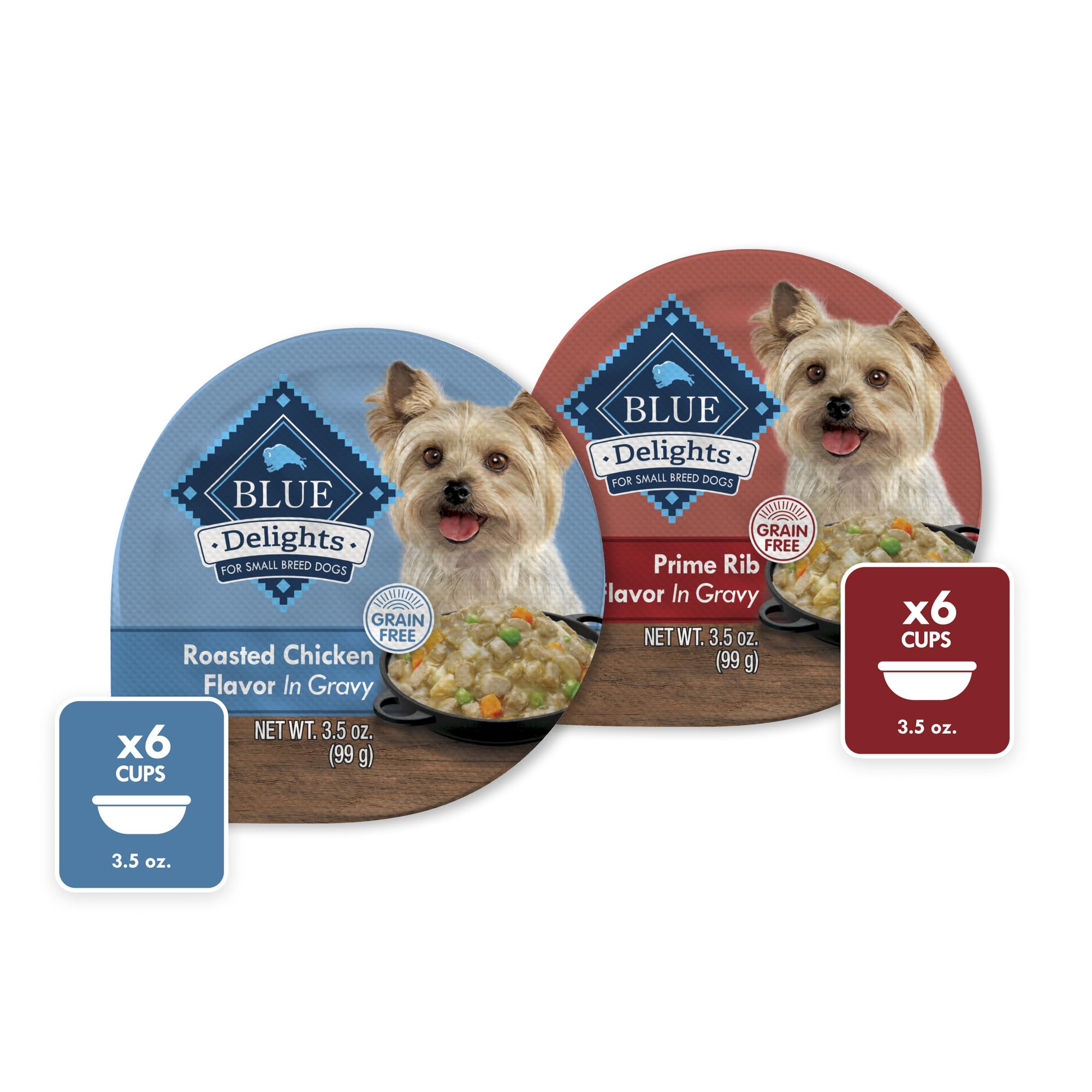 Blue BuffaloDelights Natural Adult Small Breed Wet Dog Food Cups, In Gravy, Chicken and Prime Rib 3.5-oz (12 Pack- 6 of Each Flavor)