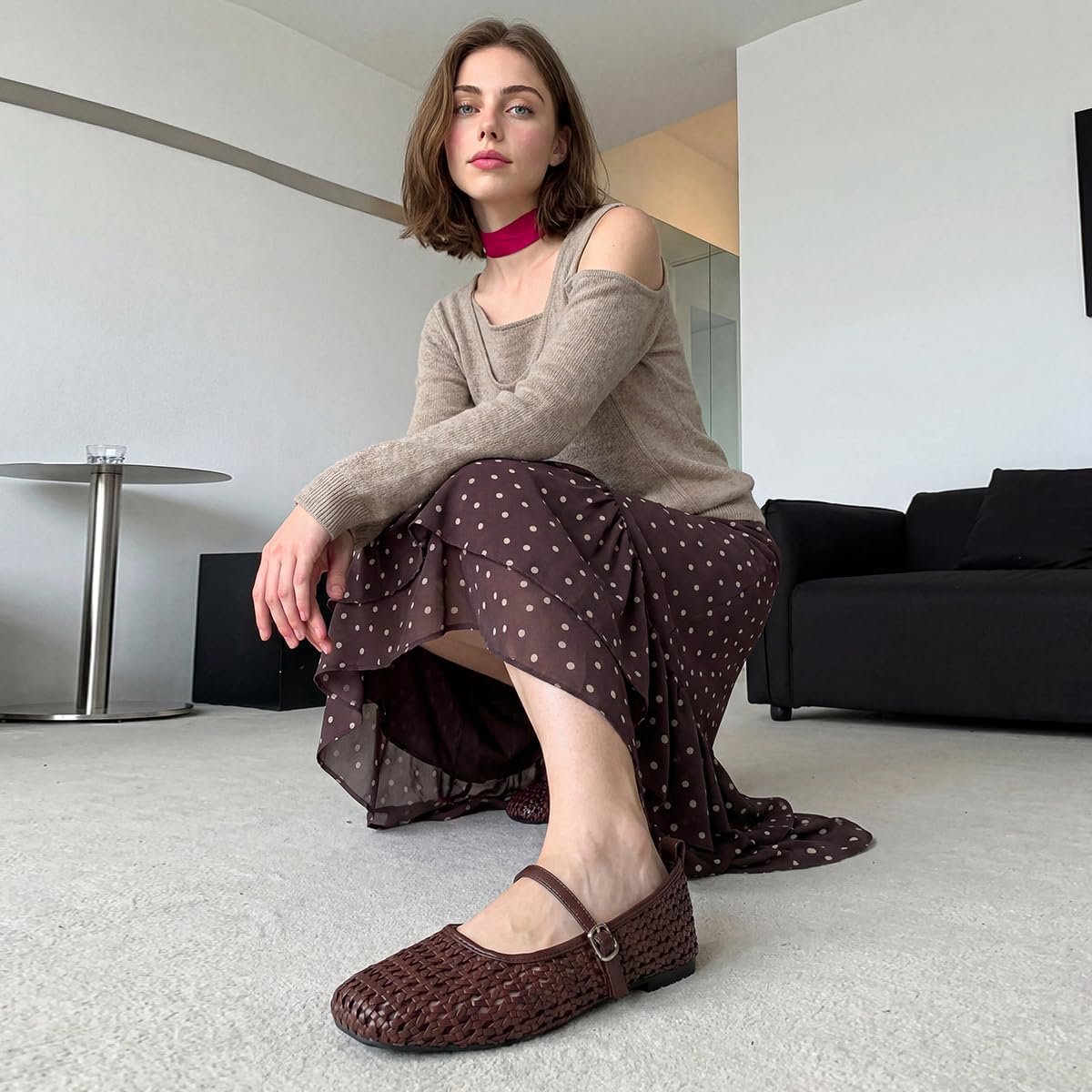 Flats for Women Mary Jane Shoes Mesh Ballet Foldable Flat Women's Squared Toe Woven Comfortable Dressy Office Casual Shoe