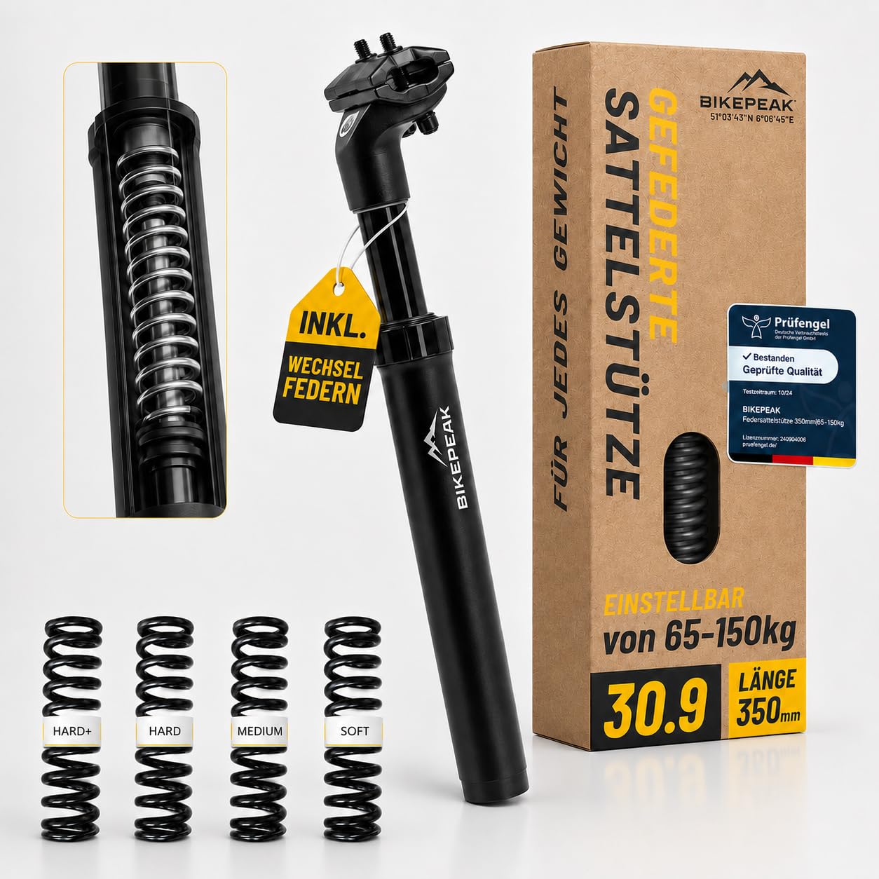 Sattelstütze gefedert Ø 27.2 / 30.9 / 31,6 mm - 350mm lang inkl. 4 Wechselfedern - Federsattelstütze 65kg-120kg Schwarz
