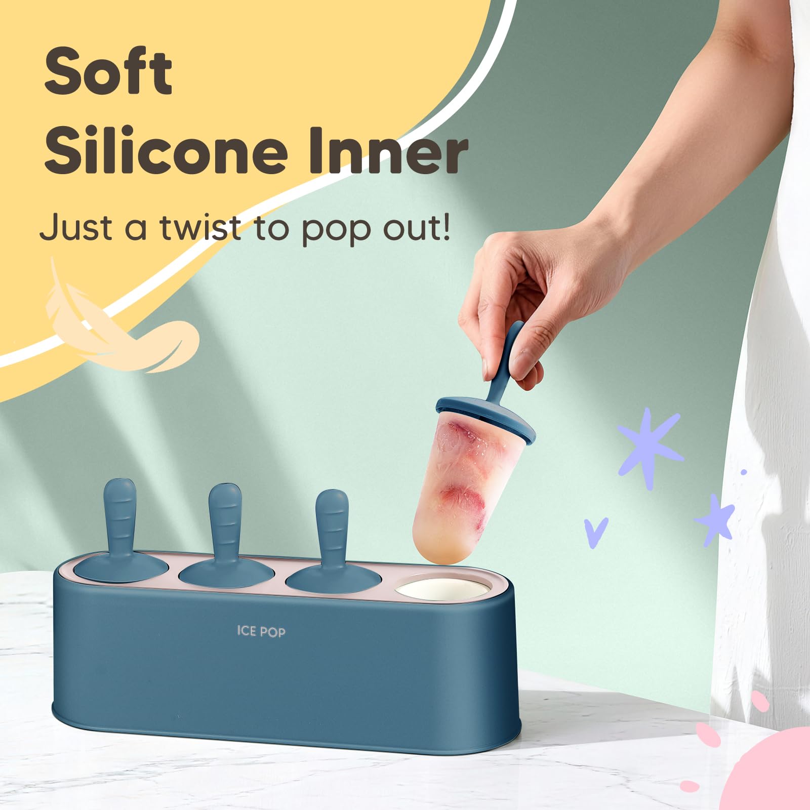 Juego de 4 moldes de silicona para helados hechos en casa, fáciles de liberar, reutilizables, para hacer paletas (azul)