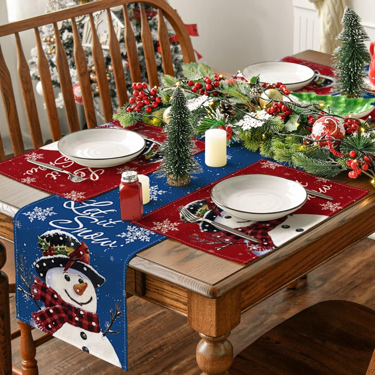 Artoid Mode Red Snowman Let It Snow Winter Placemats Set of 4, 12x18 Inch Seasonal Christmas Holiday Table Mats for Party Kitchen Dining Decoration