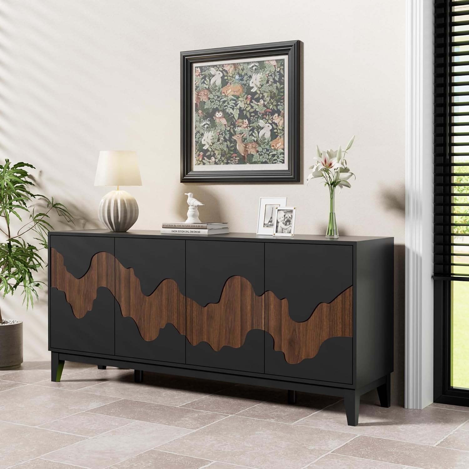UEV Buffet Cabinet, 63" Modern Sideboard with Brown Water Stream Pattern, Kitchen Storage Cabinet with 4 Doors and Shelf, Wood Credenza for Dinning
