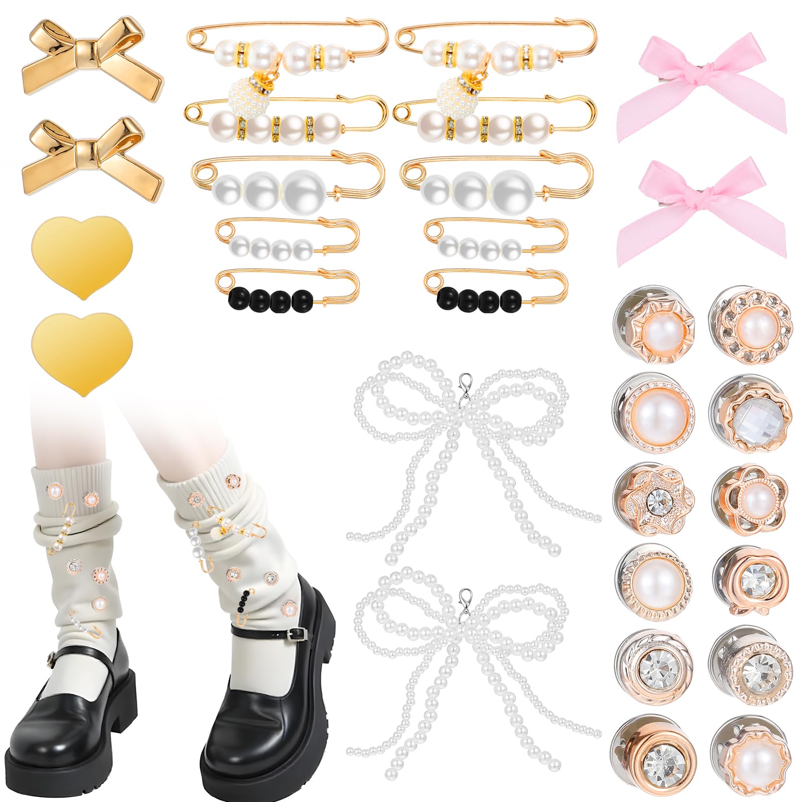 Qianyu 30 sztuk sznurowadeł, charms, klipsy do trampek, sznurowadeł, zawieszki, szpilki do przypinania, kokardki, dekoracyjne klipsy do butów, sztuczne perły, stras, akcesoria, biżuteria dla kobiet,