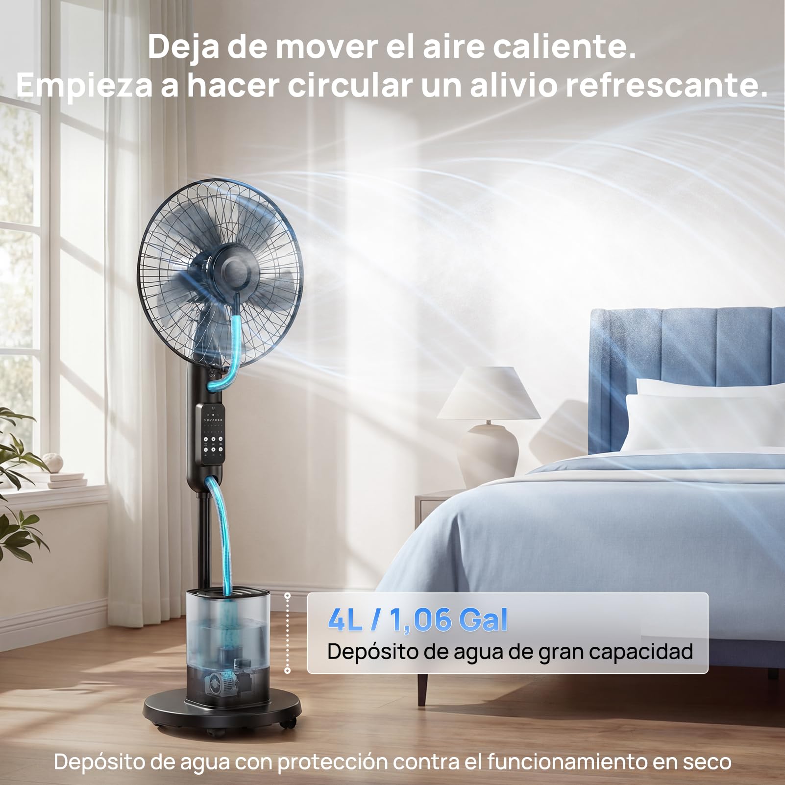 NebulaFlow Ventilador de Pie con Agua, 2026 Upgrade Depósito 4L, 7,5H, 5 Velocidades 3 Modos, Oscilante con Mando a Distancia