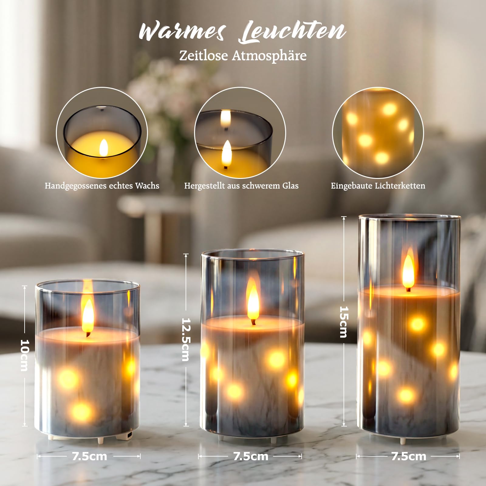 Velas recargables de cristal gris sin llama con mando a distancia y temporizador, velas LED de mecha 3D, luces de hadas incrustadas, cera real, paquete de 3 unidades para decoración del hogar