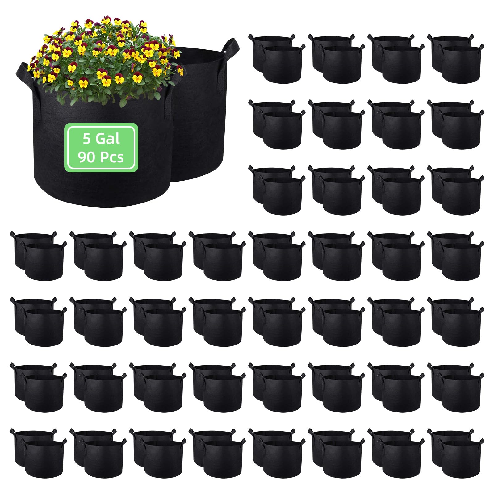Bolsas de cultivo de 5 galones, paquete de 90 bolsas de cultivo de plantas de jardín, macetas de tela de aireación con asas, bolsa de tela no tejida, bolsas de plantación, bolsas de jardín para