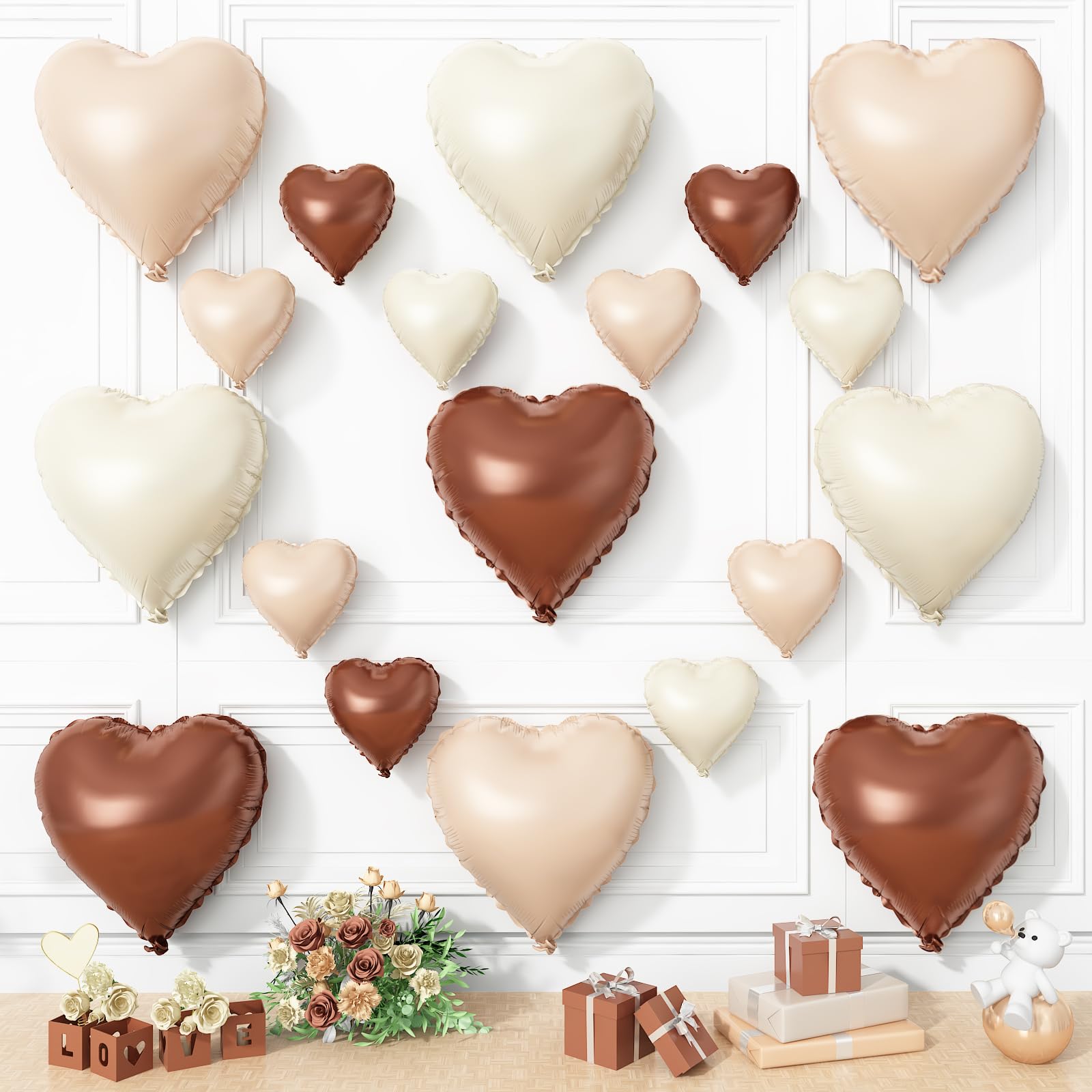 Cream Brown Heart Balloons, 19PCS Brown Apricot Heart Shape Balloon, 18Inch with 10Inch Cream Beige Coffee Helium Mylar Nude Neutral Love Balloon for