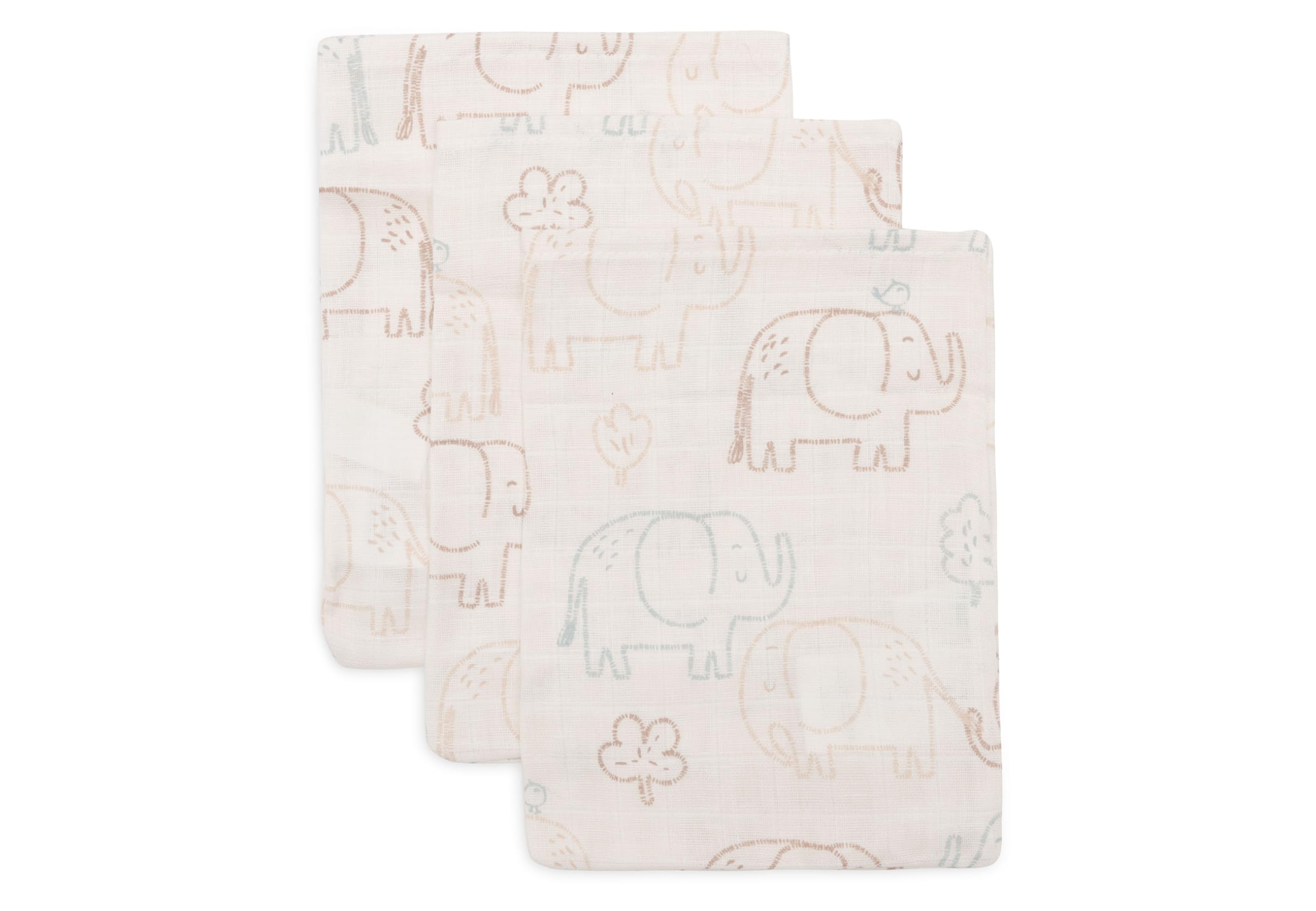Jollein Gants de Toilette Bébé - Elephant Tales - Lot de 3-15x20 cm - Mousseline - 100% Coton - Gants de Toilette Bébé - Certifiée OEKO-TEX