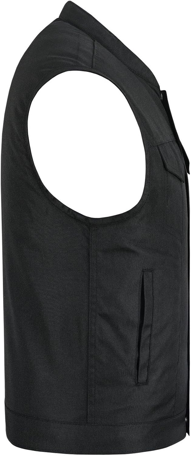 Mens Black Textile Motorcycle Vest SOA Club Style Vest w/Front Zipper and Snap Closure (Textile-SOA, X-Large)