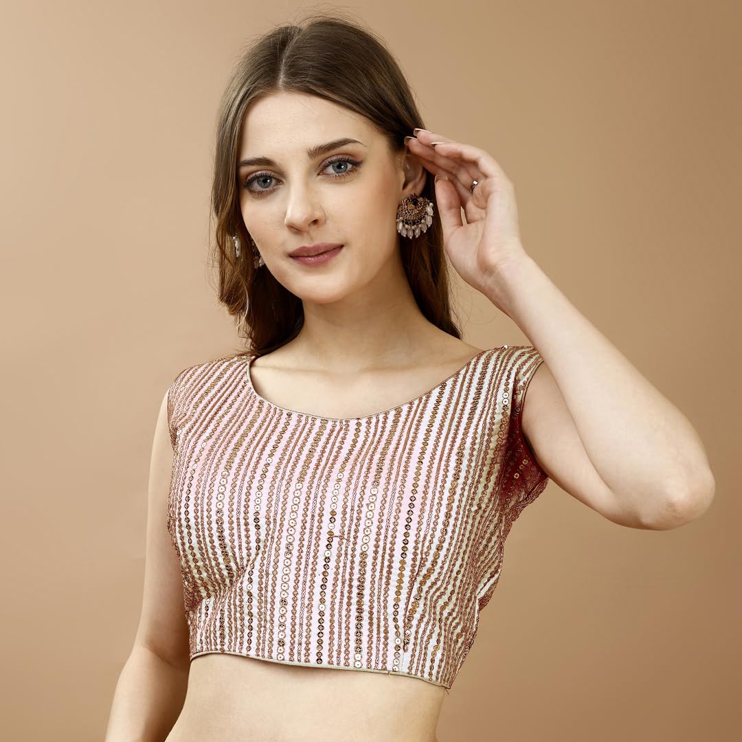 Pujia Mills Women's Sequin Embroidered U Neck Sleeveless Readymade Saree Blouse Indian Ethnic Designer Stitched Women's White Blouse For Women